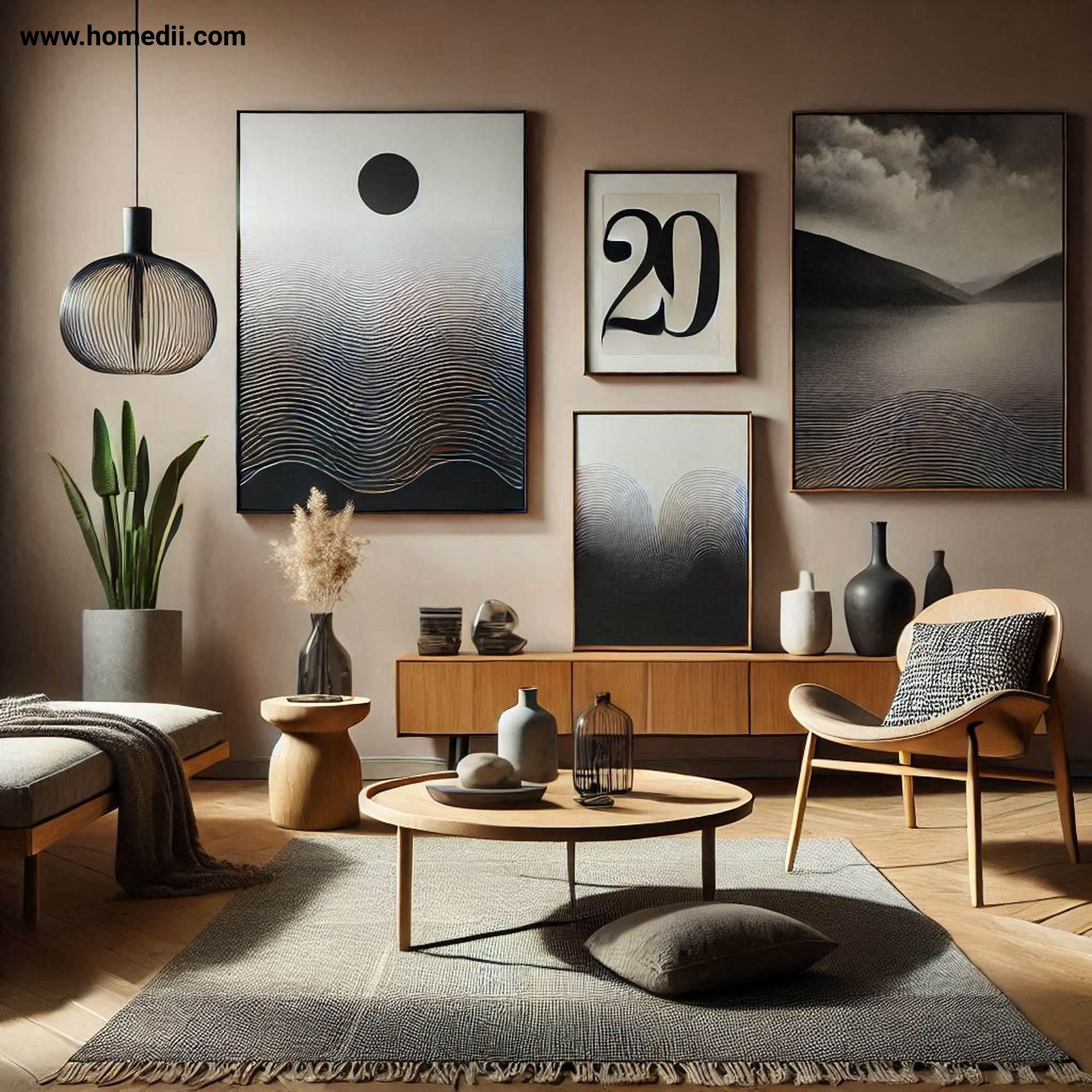 Mid Century Living Room - Use Minimalist Wall Art with Abstract Wall Art,Black-And-White Photography,Vintage Posters!