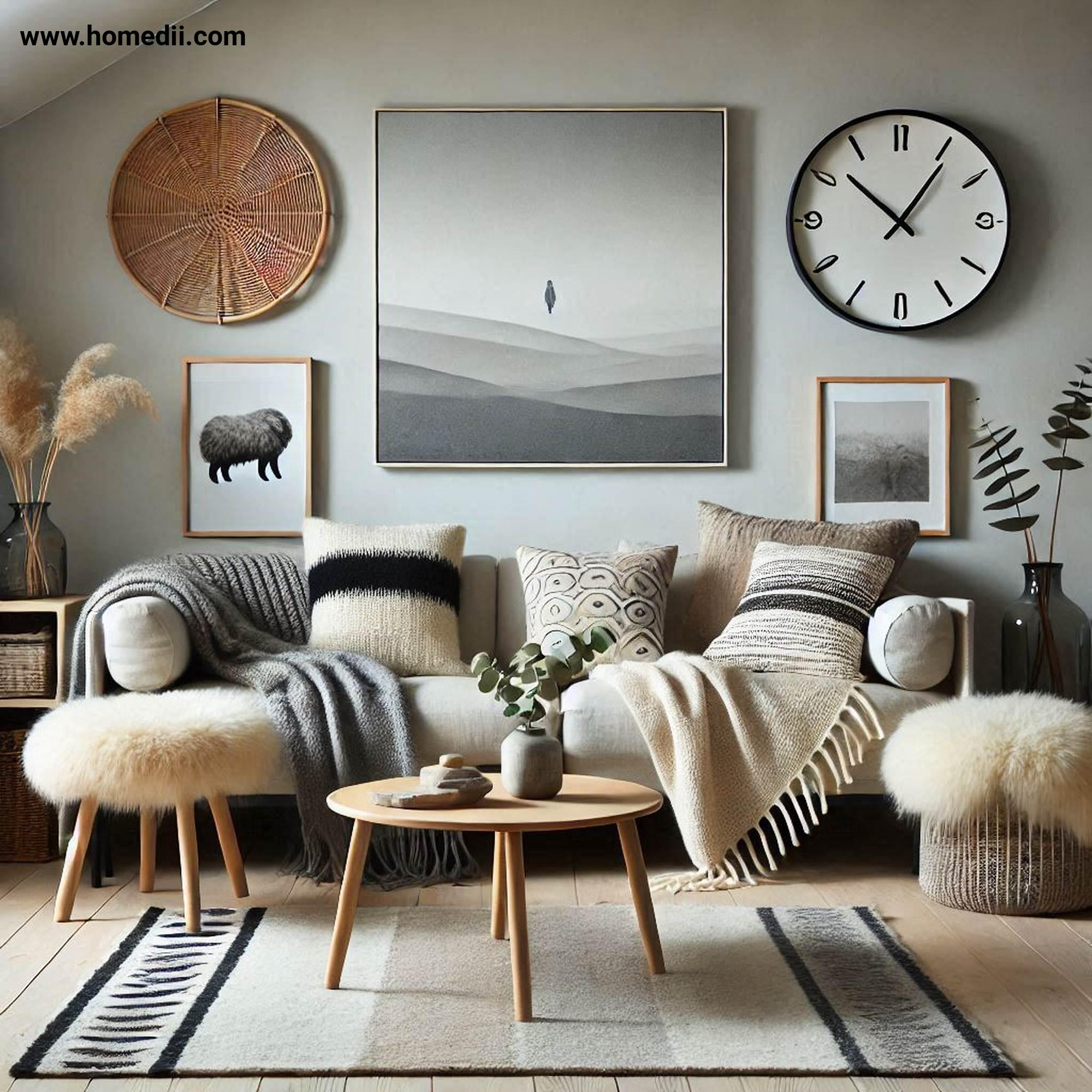 Scandinavian Living Toom - Incorporate Cozy Textiles with Textiles, Throws, Rugs, Cushions, Wool, Sheepskin, Linen, Texture, Patterns!