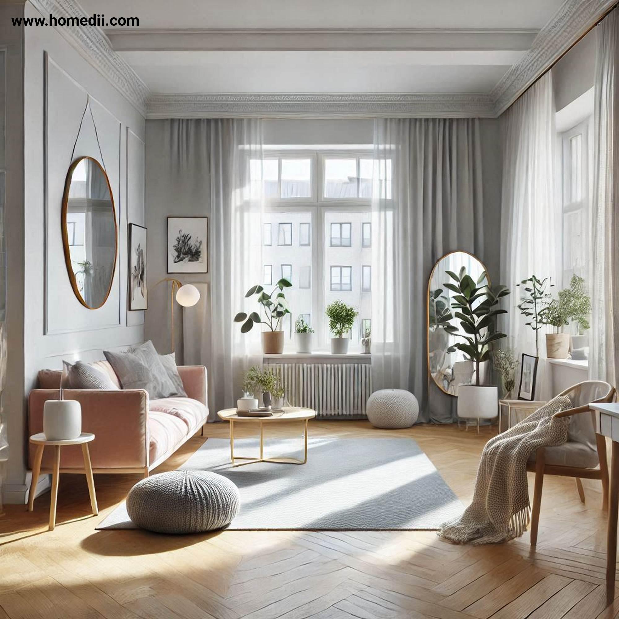 Scandinavian Living Toom - Maximize Natural Light with Natural Light, Window Coverings, Mirrors, Light-Colored Walls, Flooring!