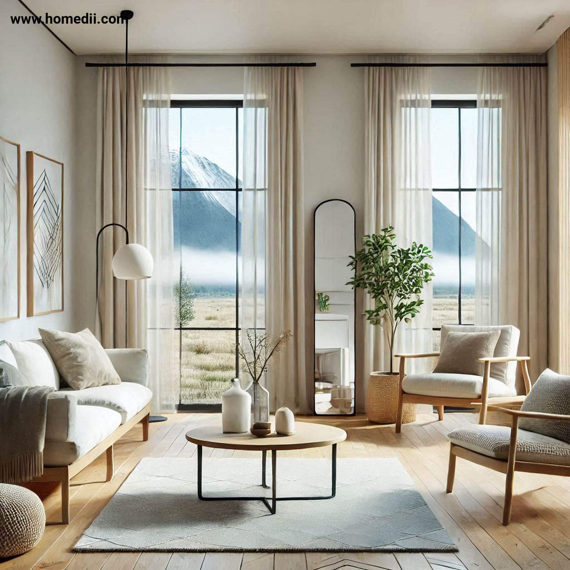 Scandinavian Living Toom - Maximize Natural Light with Natural Light, Window Coverings, Mirrors, Light-Colored Walls, Flooring!