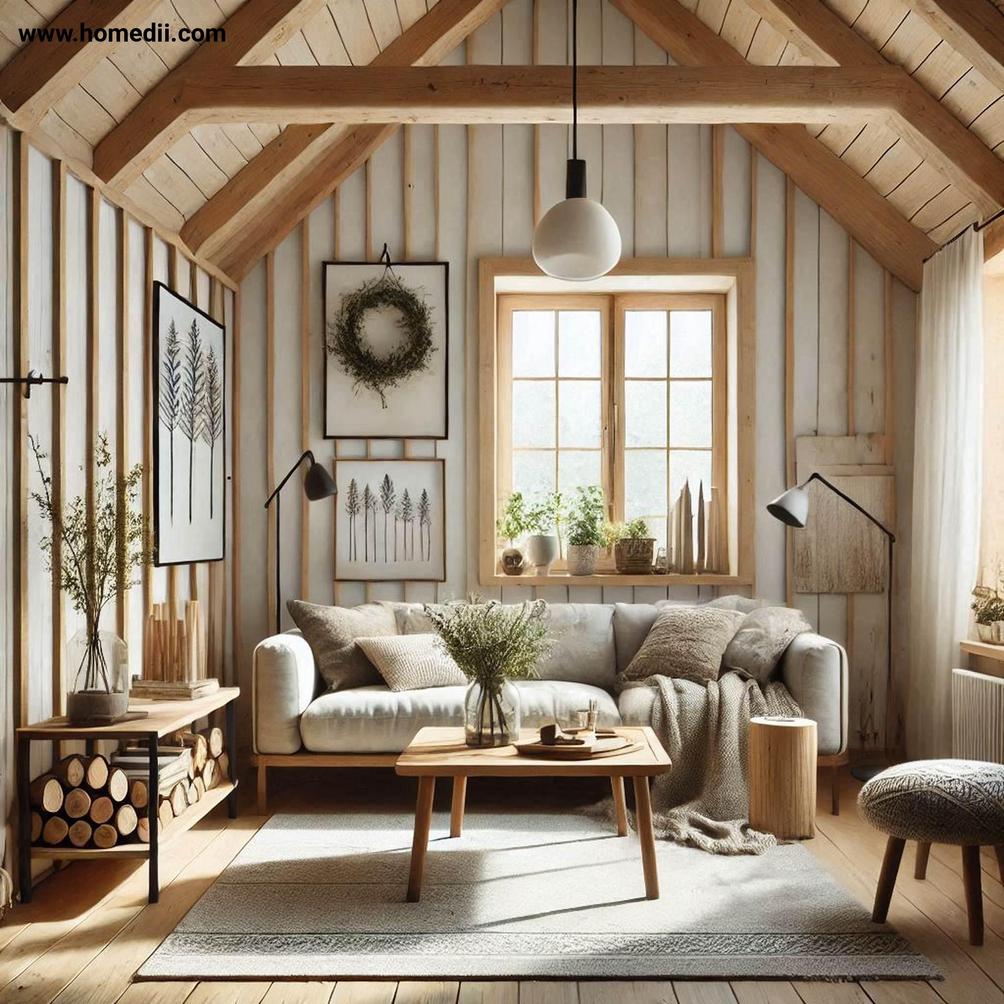 Scandinavian Living Toom - Prioritize Natural Materials with Wood, Birch, Pine, Oak, Wool, Linen, Cotton, Textiles, Sustainability!