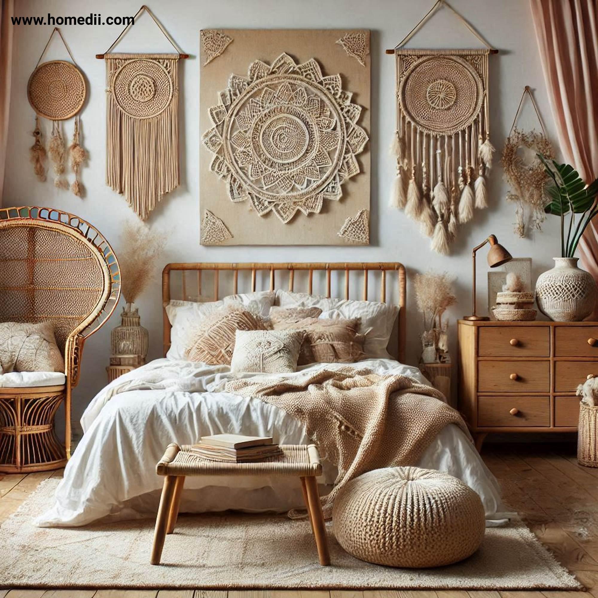 Bohemian Bedroom Tips - Add Vintage And Handmade Furniture with Rattan Headboards, Carved Wooden Dressers, Macramé Wall Hangings!