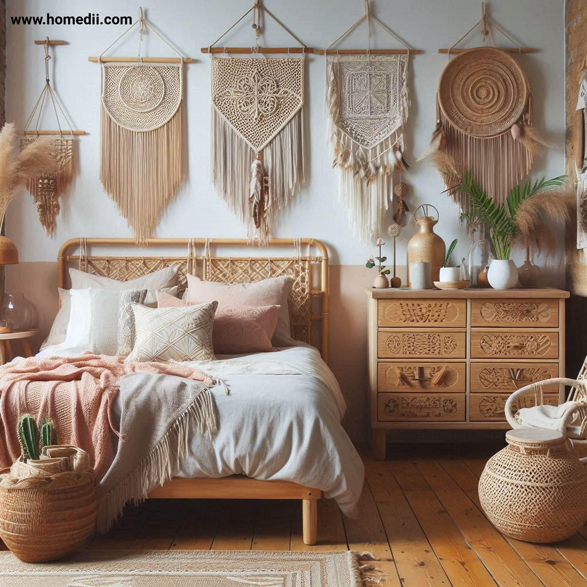 Bohemian Bedroom Tips - Add Vintage And Handmade Furniture with Rattan Headboards, Carved Wooden Dressers, Macramé Wall Hangings!