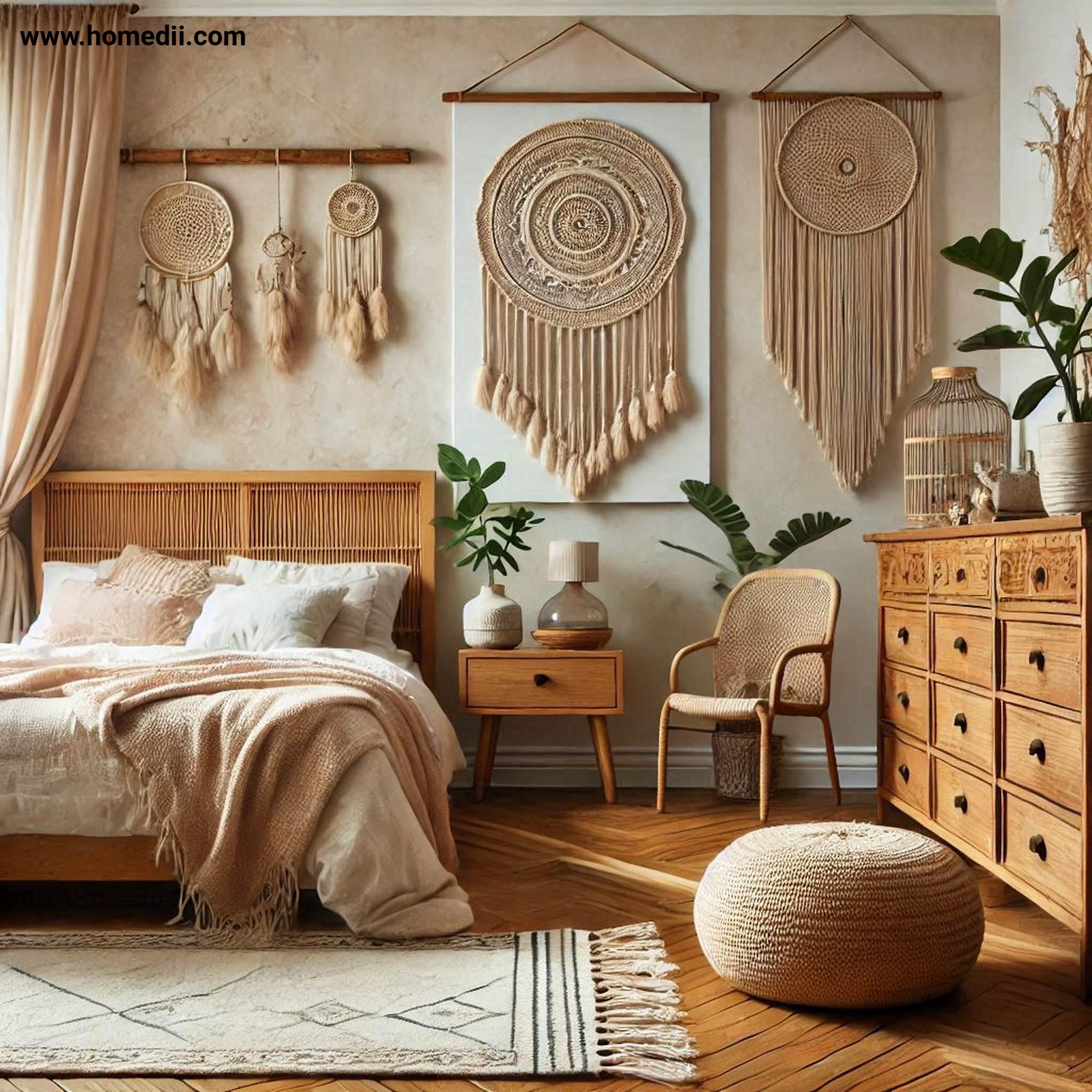 Bohemian Bedroom Tips - Add Vintage And Handmade Furniture with Rattan Headboards, Carved Wooden Dressers, Macramé Wall Hangings!