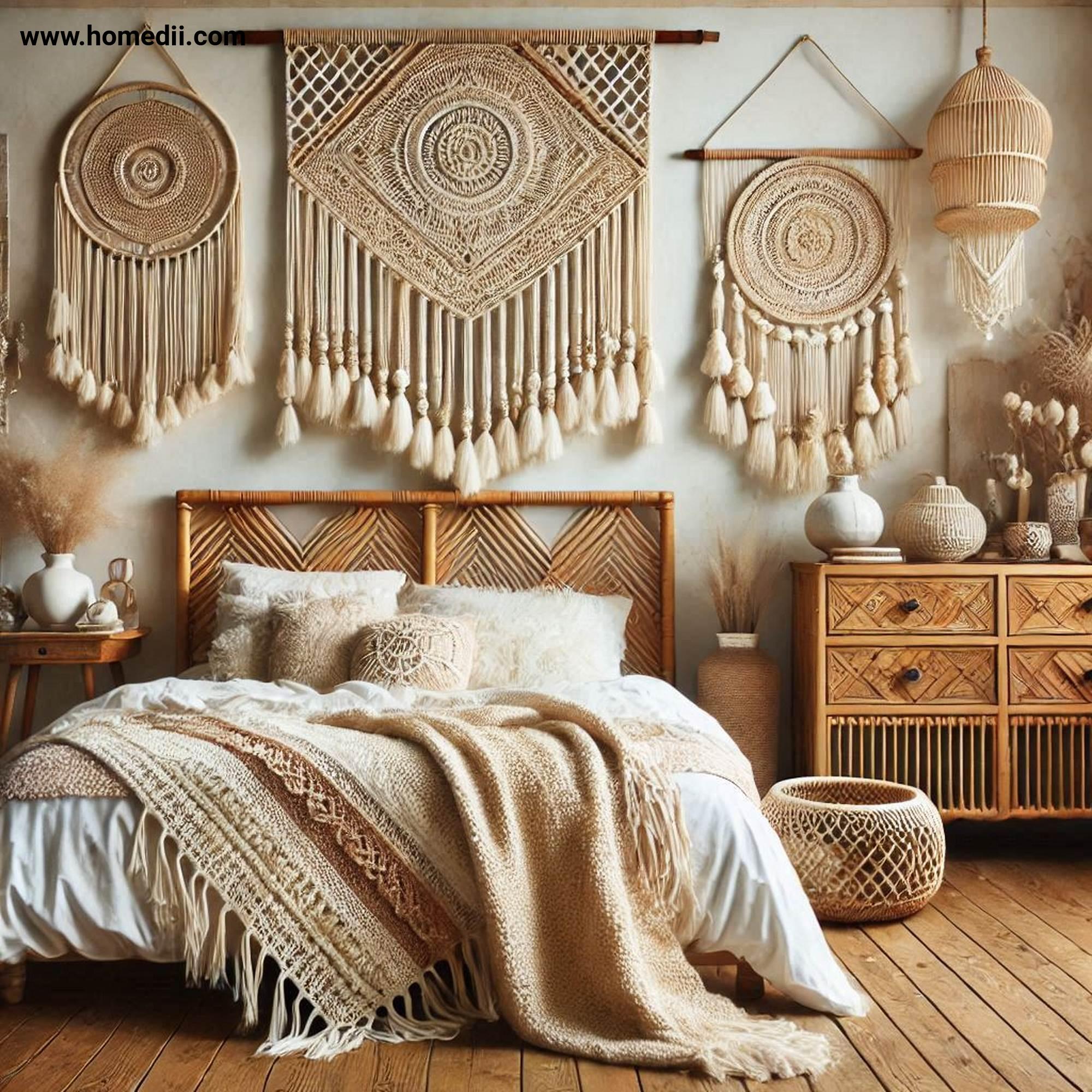 Bohemian Bedroom Tips - Add Vintage And Handmade Furniture with Rattan Headboards, Carved Wooden Dressers, Macramé Wall Hangings!