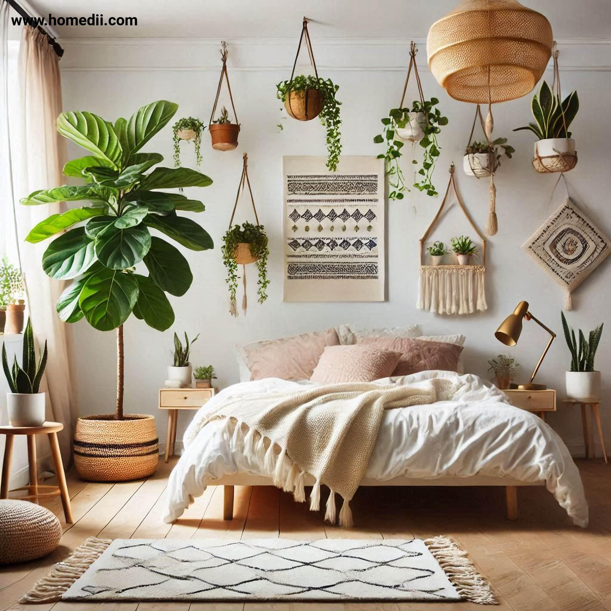 Bohemian Bedroom Tips - Bring In Lots Of Greenery with Potted Plants, Hanging Planters, Fiddle-Leaf Fig Tree!