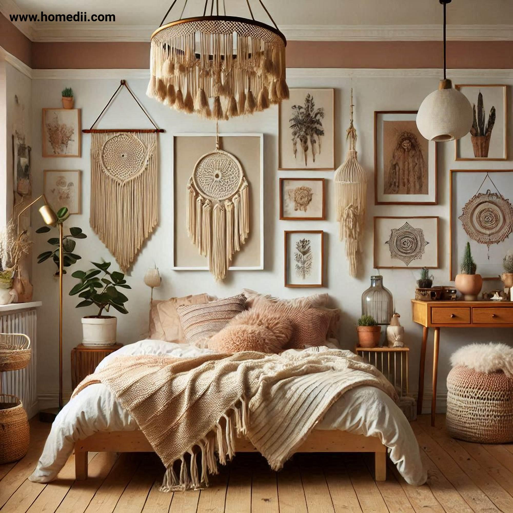 Bohemian Bedroom Tips - Incorporate Artistic Wall Decor with Eclectic Art Pieces, Macramé Hangings, Framed Prints!