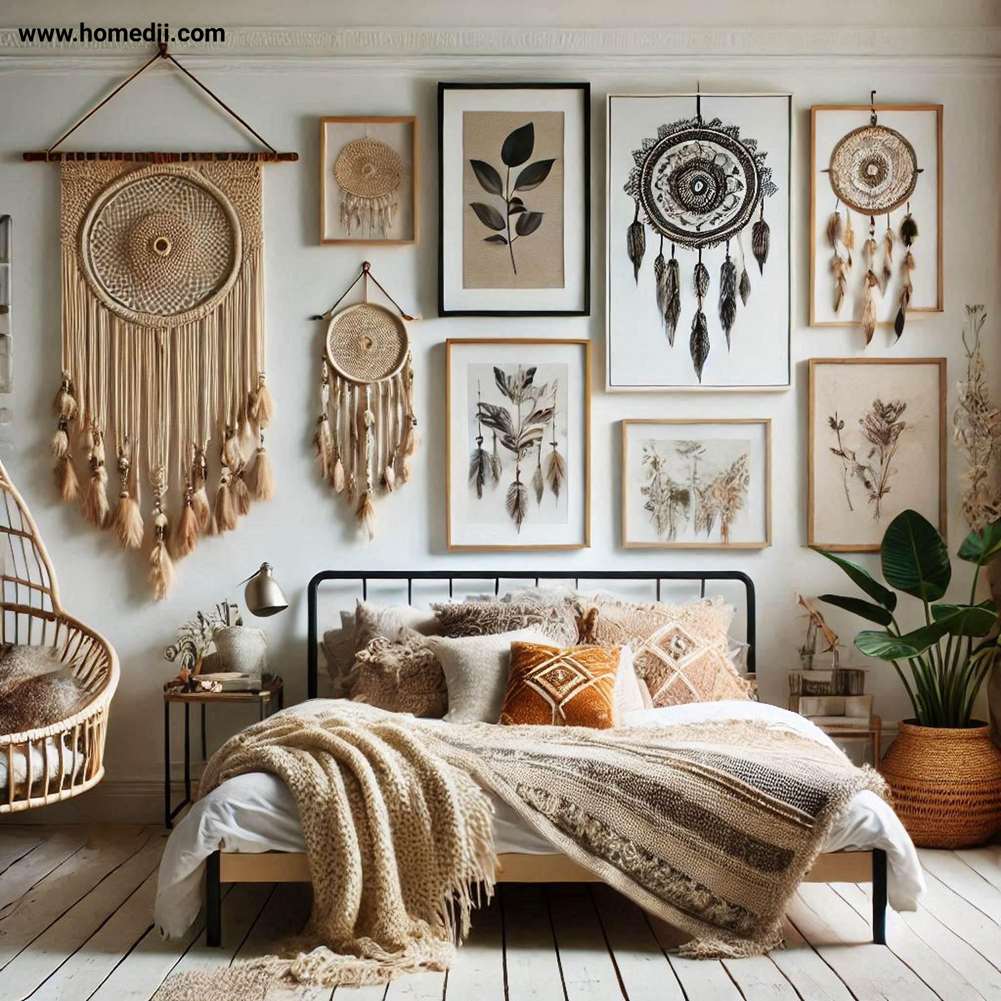 Bohemian Bedroom Tips - Incorporate Artistic Wall Decor with Eclectic Art Pieces, Macramé Hangings, Framed Prints!