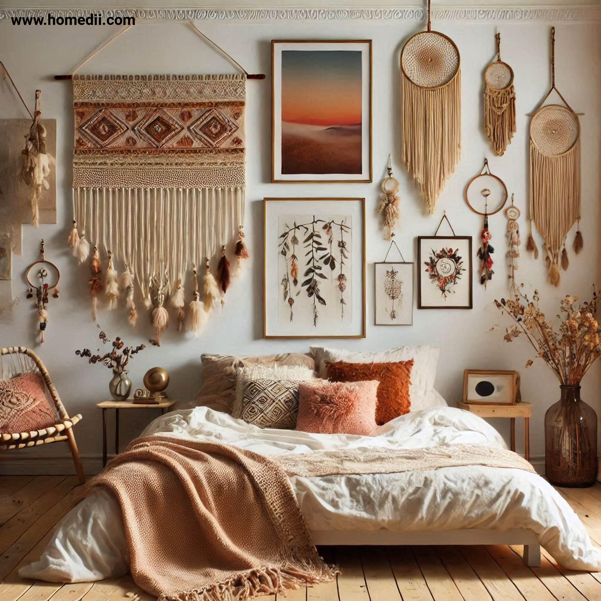 Bohemian Bedroom Tips - Incorporate Artistic Wall Decor with Eclectic Art Pieces, Macramé Hangings, Framed Prints!