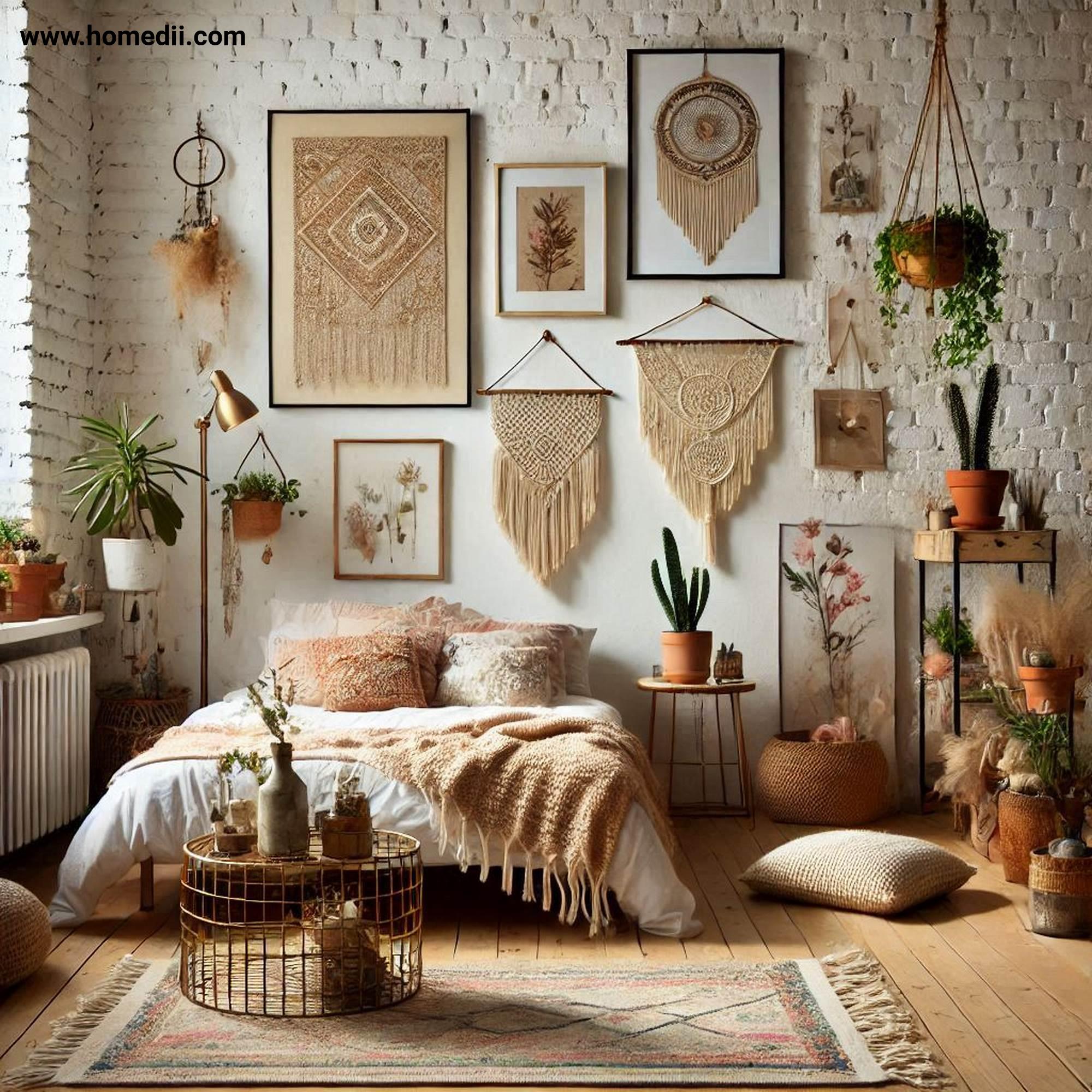 Bohemian Bedroom Tips - Incorporate Artistic Wall Decor with Eclectic Art Pieces, Macramé Hangings, Framed Prints!