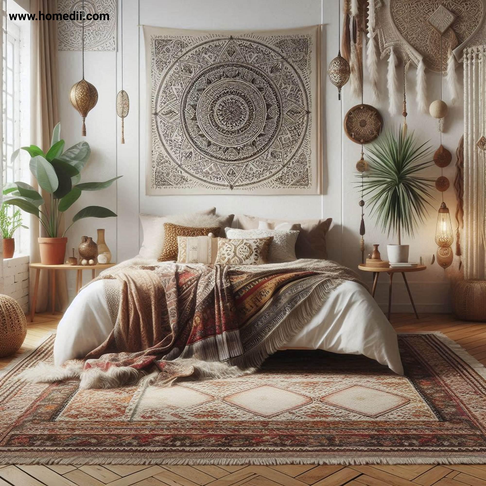 Bohemian Bedroom Tips - Incorporate Global-Inspired Patterns with Moroccan Rugs, Mandala Prints, Tribal Patterns!