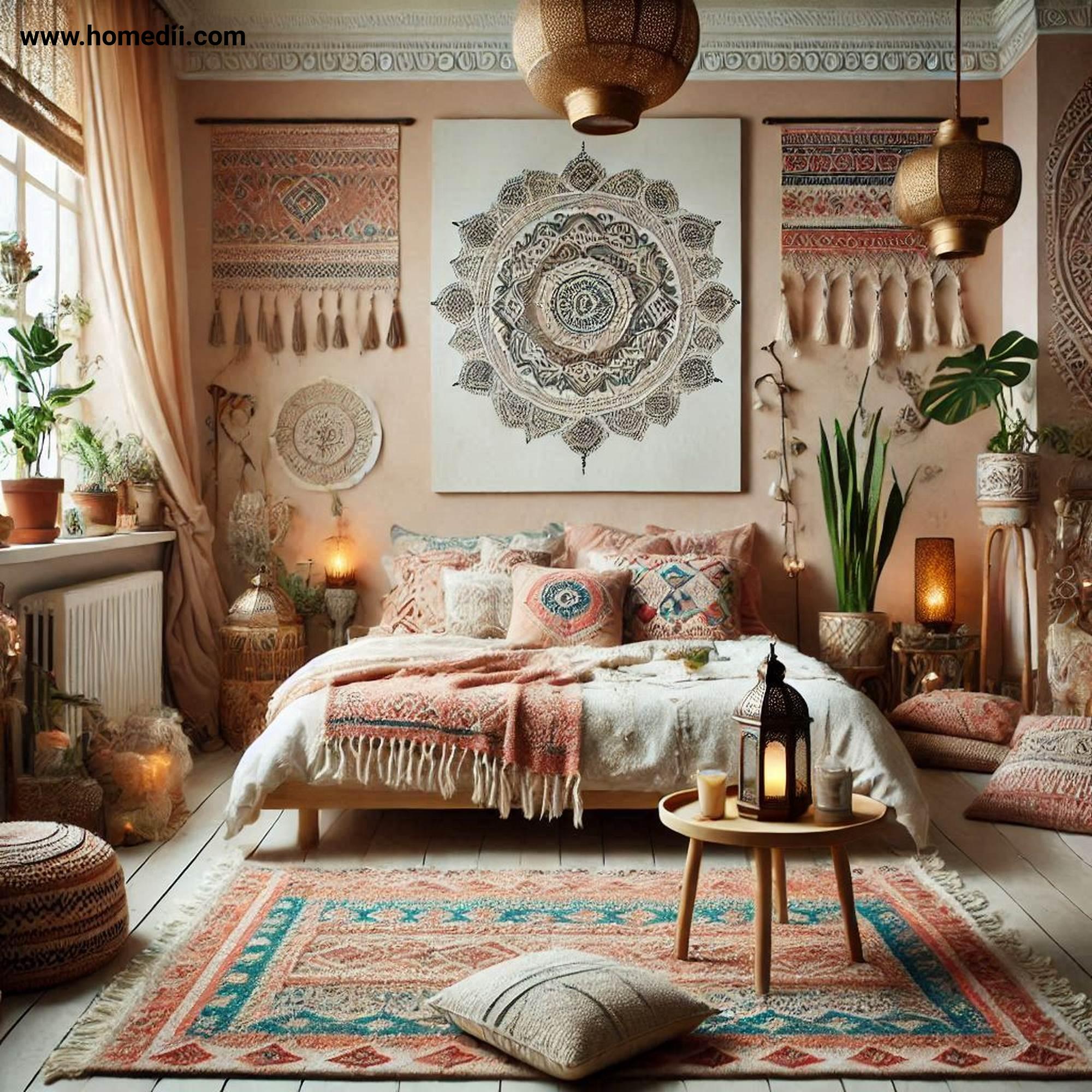 Bohemian Bedroom Tips - Incorporate Global-Inspired Patterns with Moroccan Rugs, Mandala Prints, Tribal Patterns!