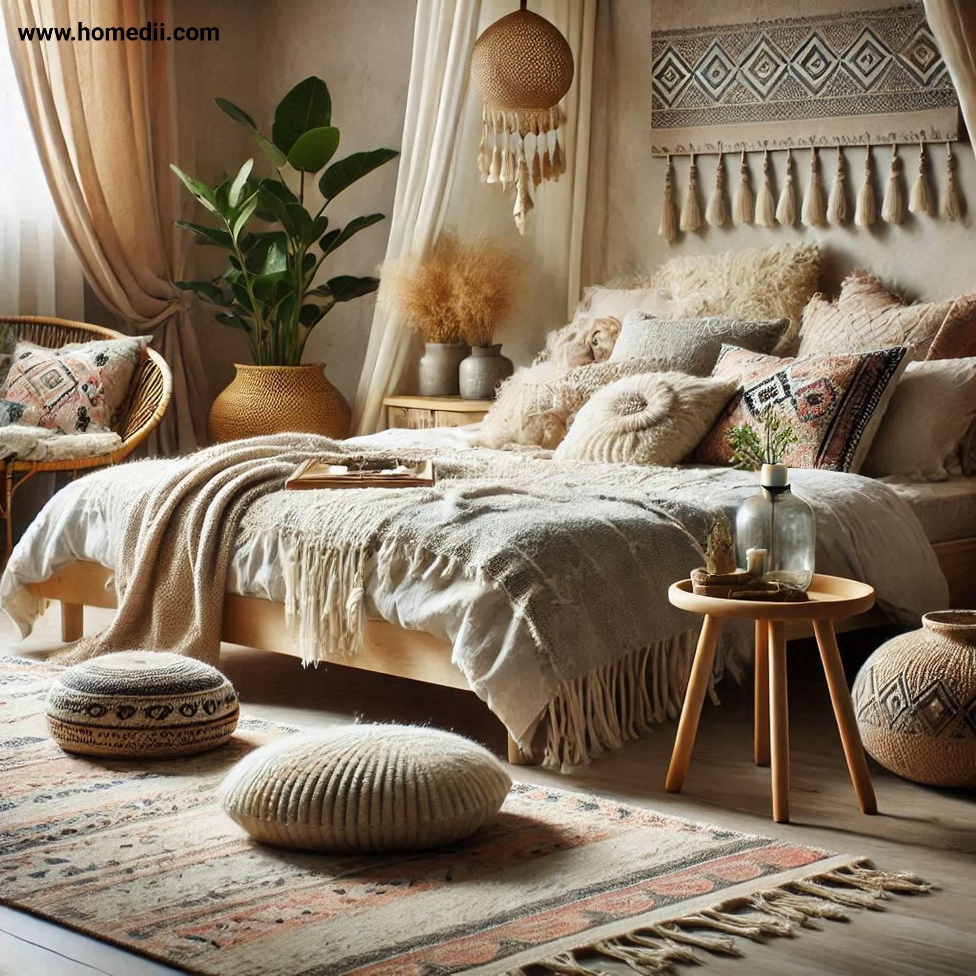 Bohemian Bedroom Tips - Layer Textiles For A Cozy Feel with Soft Throws, Textured Cushions, Patterned Rugs!