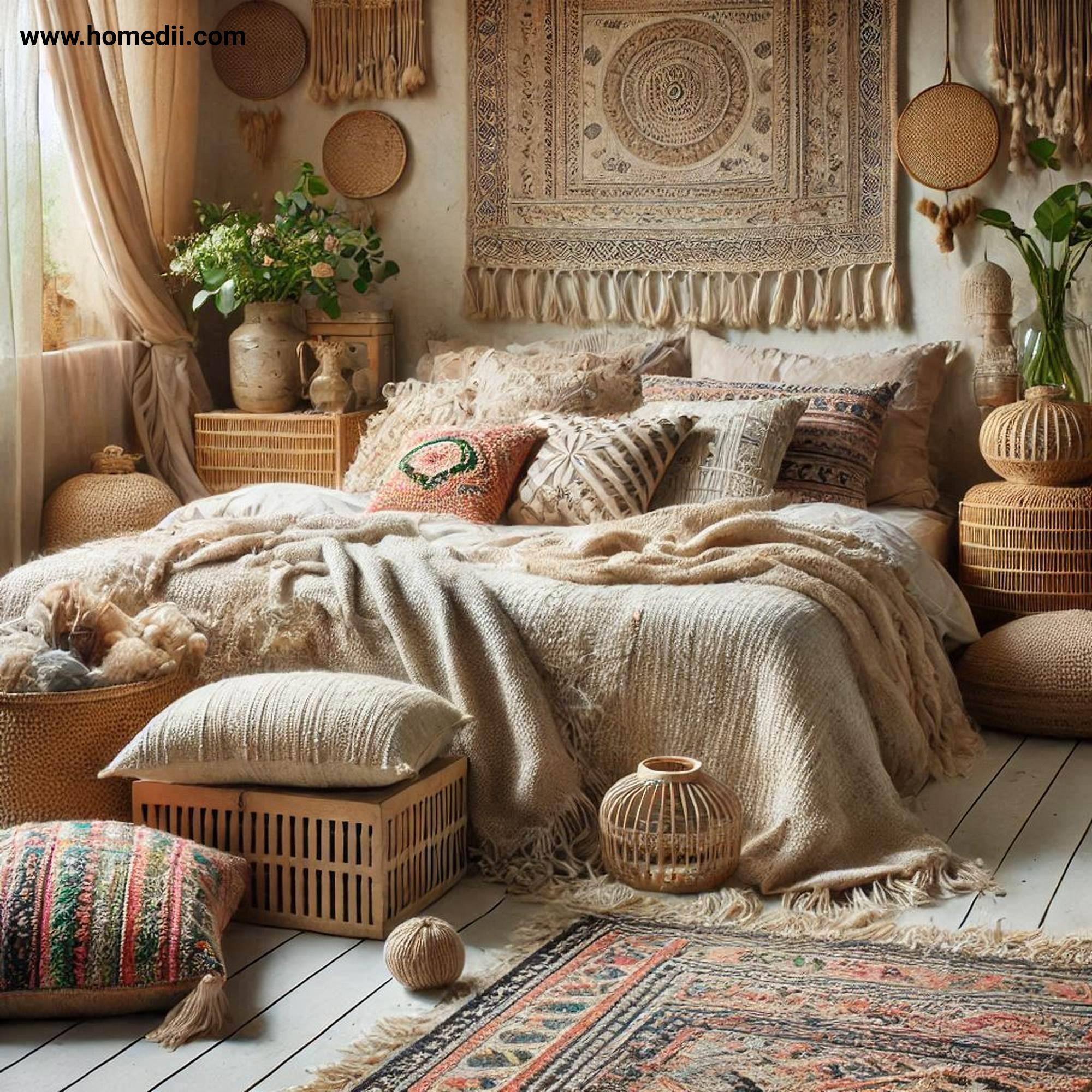 Bohemian Bedroom Tips - Layer Textiles For A Cozy Feel with Soft Throws, Textured Cushions, Patterned Rugs!