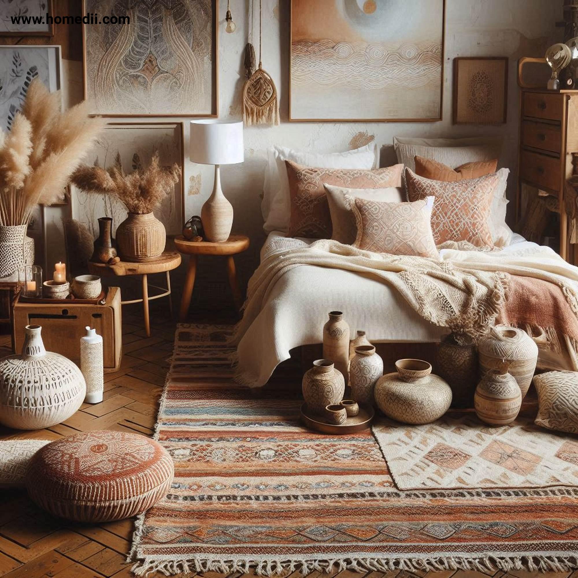 Bohemian Bedroom Tips - Layer Textiles For A Cozy Feel with Soft Throws, Textured Cushions, Patterned Rugs!