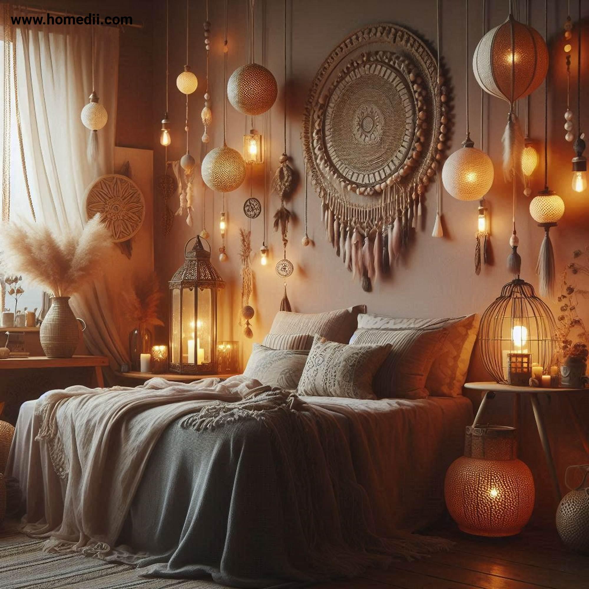 Bohemian Bedroom Tips - Use Ambient Lighting with String Lights, Lanterns, Soft-Glow Table Lamps!