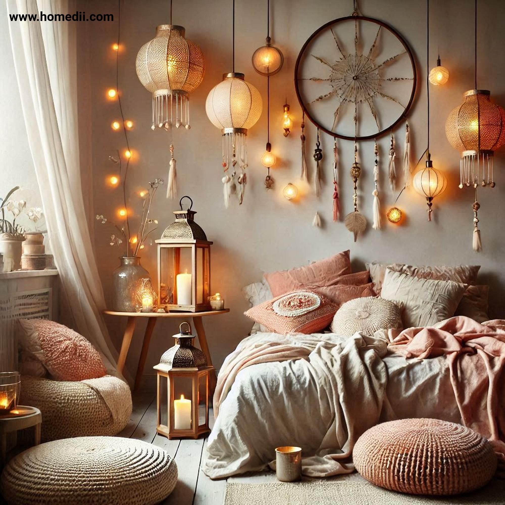 Bohemian Bedroom Tips - Use Ambient Lighting with String Lights, Lanterns, Soft-Glow Table Lamps!