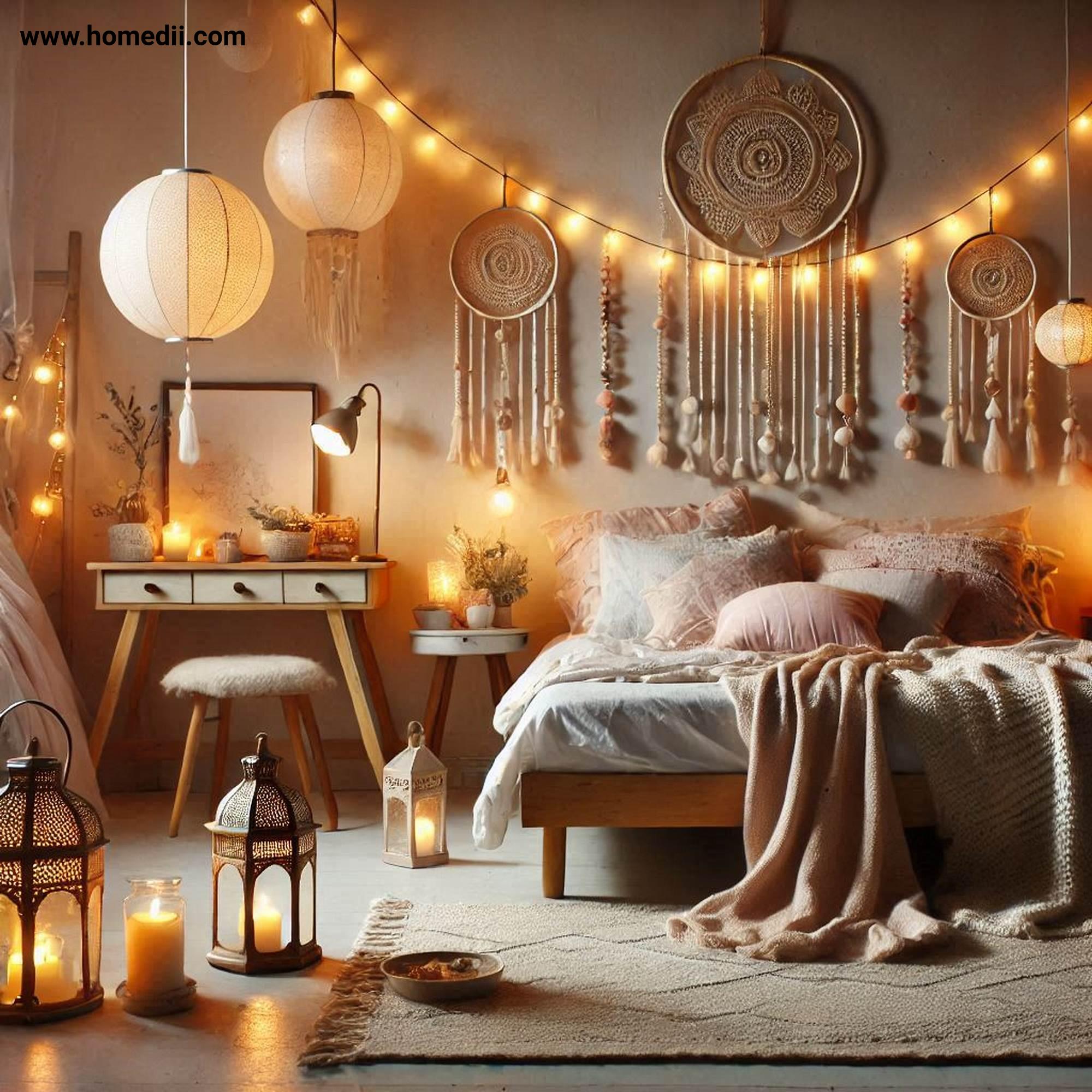 Bohemian Bedroom Tips - Use Ambient Lighting with String Lights, Lanterns, Soft-Glow Table Lamps!