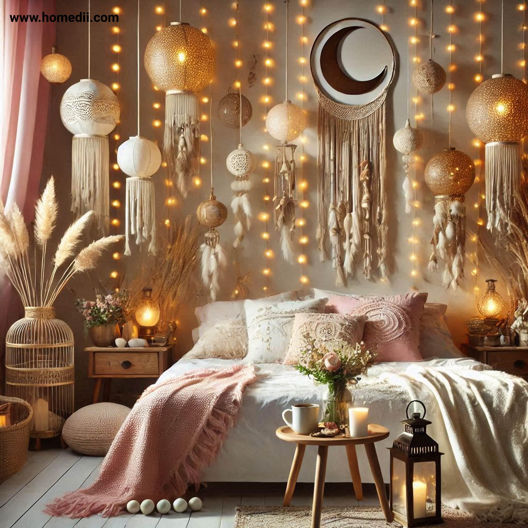 Bohemian Bedroom Tips - Use Ambient Lighting with String Lights, Lanterns, Soft-Glow Table Lamps!