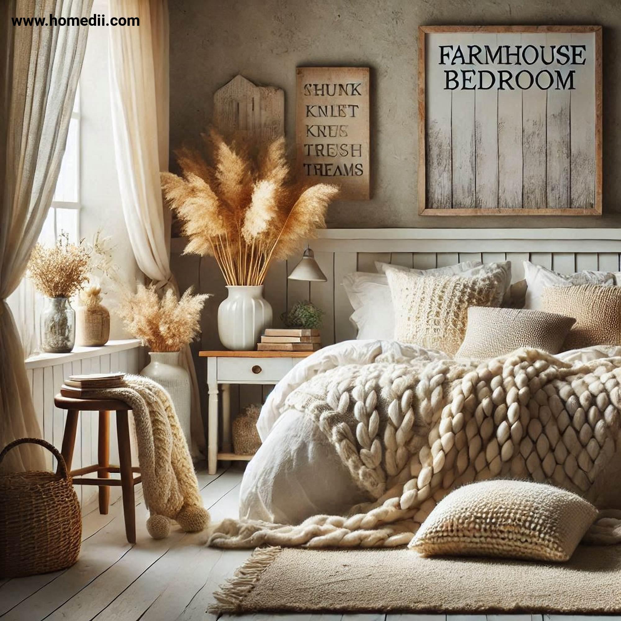 Farmhouse Bedroom Tips - Add Cozy Layered Textiles with Soft Linens, Chunky Knit Throws, Plush Cushions!