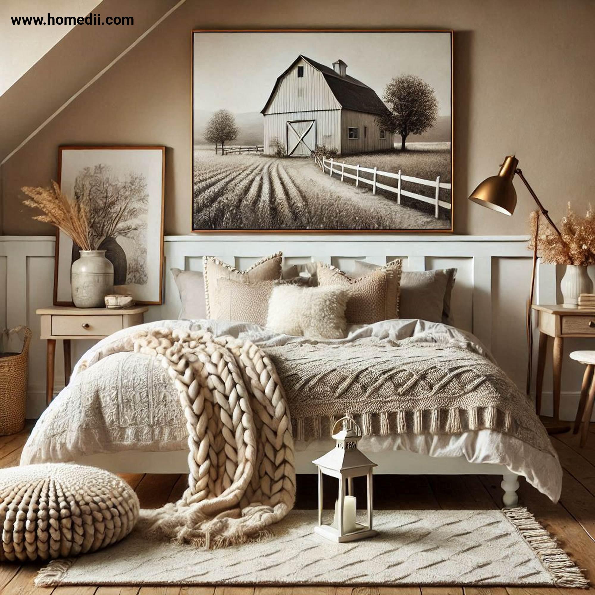 Farmhouse Bedroom Tips - Add Cozy Layered Textiles with Soft Linens, Chunky Knit Throws, Plush Cushions!