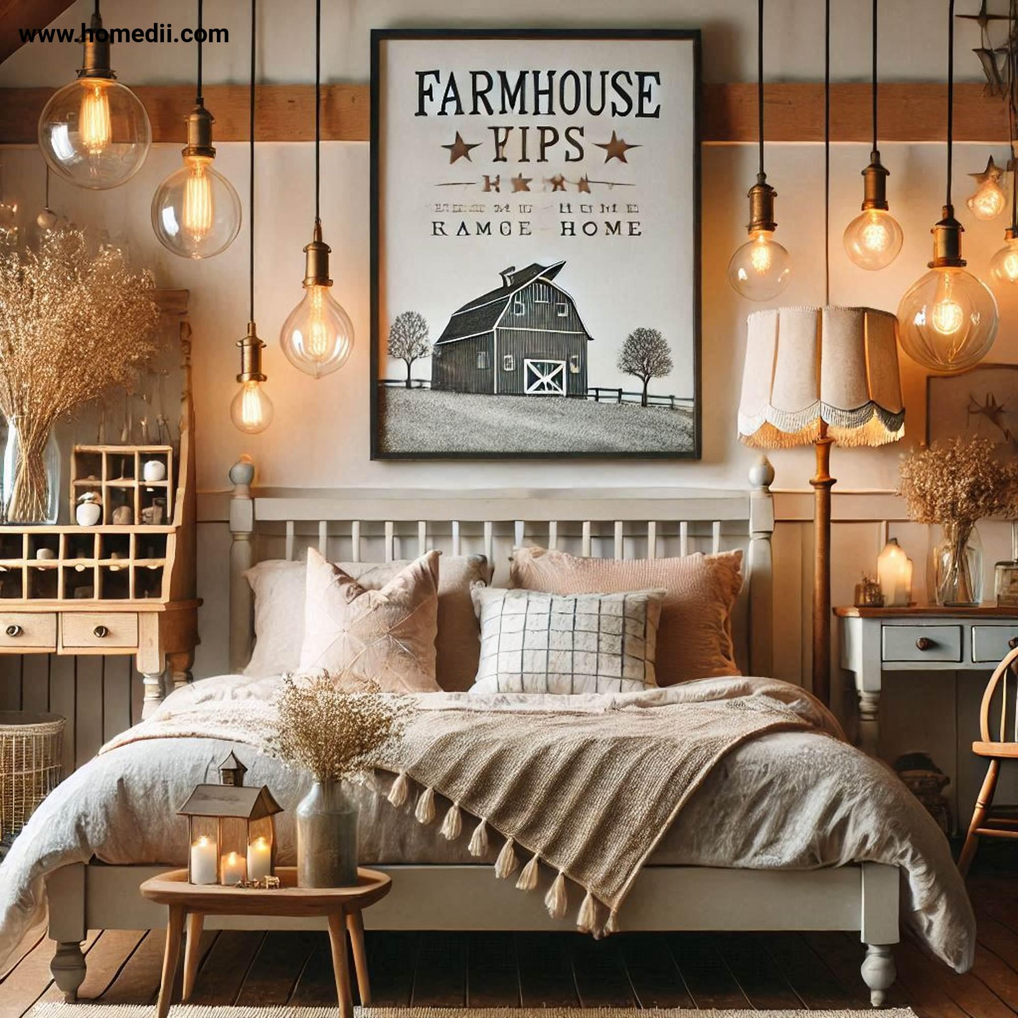 Farmhouse Bedroom Tips - Add Soft, Ambient Lighting with Vintage-Style Table Lamps, Pendant Lights, Fairy Lights!