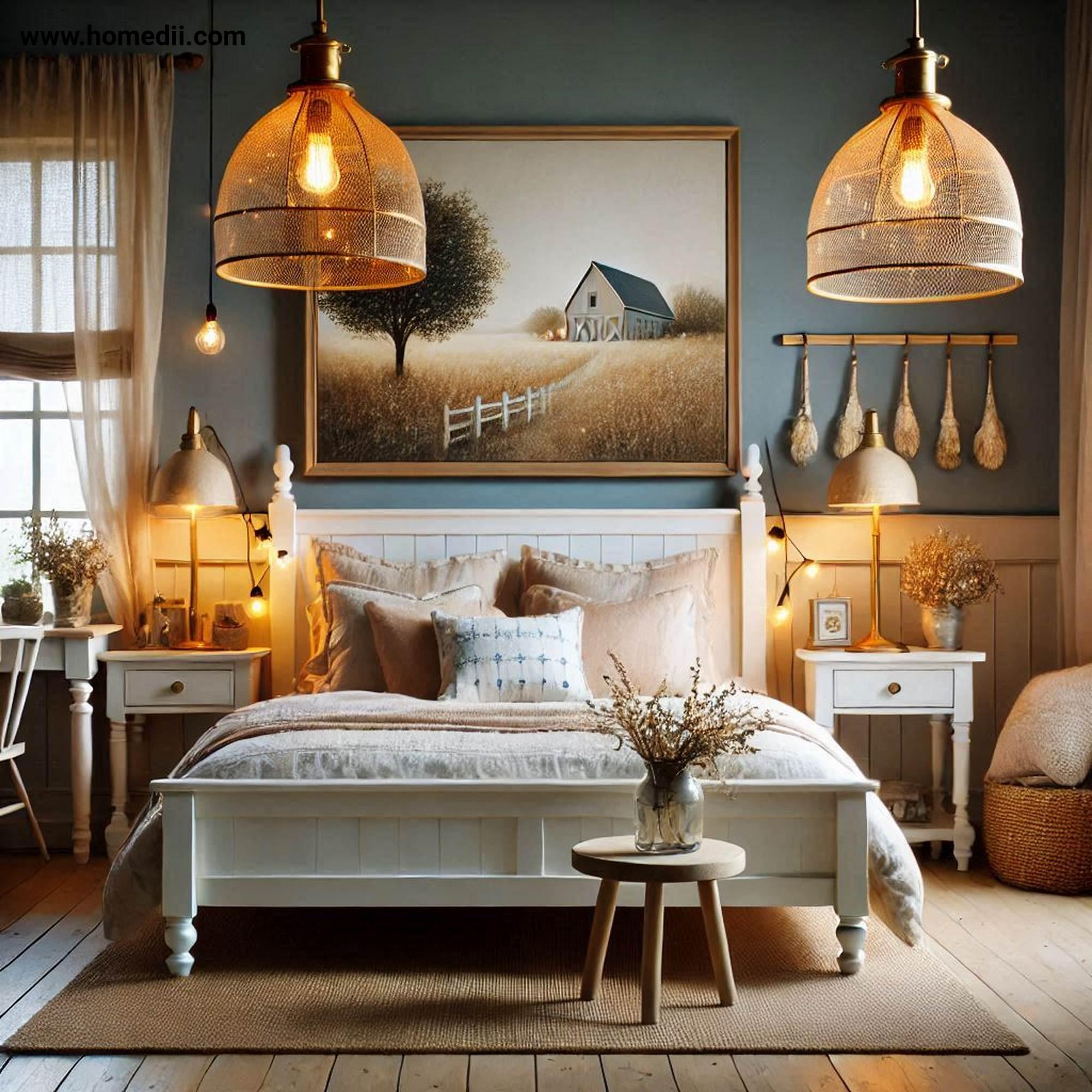 Farmhouse Bedroom Tips - Add Soft, Ambient Lighting with Vintage-Style Table Lamps, Pendant Lights, Fairy Lights!