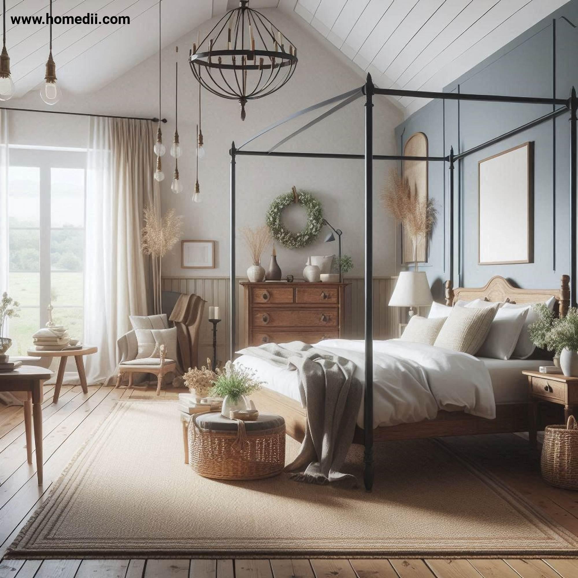 Farmhouse Bedroom Tips - Include A Statement Bed Frame with Wrought-Iron Bed, Wooden Four-Poster Bed!