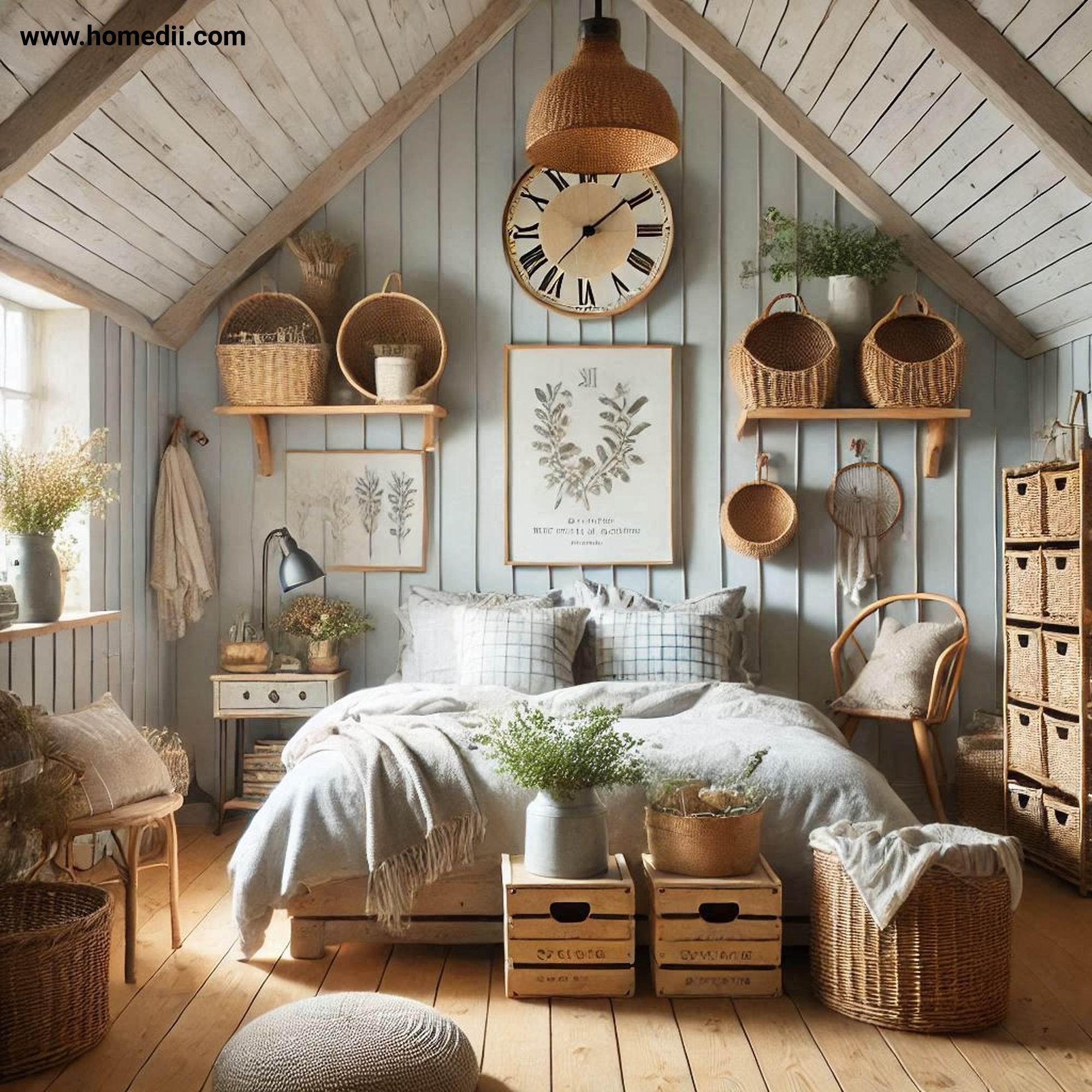 Farmhouse Bedroom Tips - Incorporate Functional Storage Solutions with Woven Baskets, Wooden Crates, Built-In Shelving!