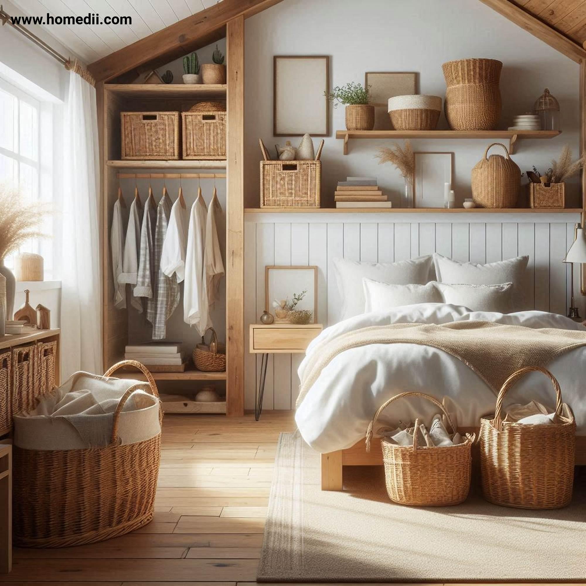 Farmhouse Bedroom Tips - Incorporate Functional Storage Solutions with Woven Baskets, Wooden Crates, Built-In Shelving!