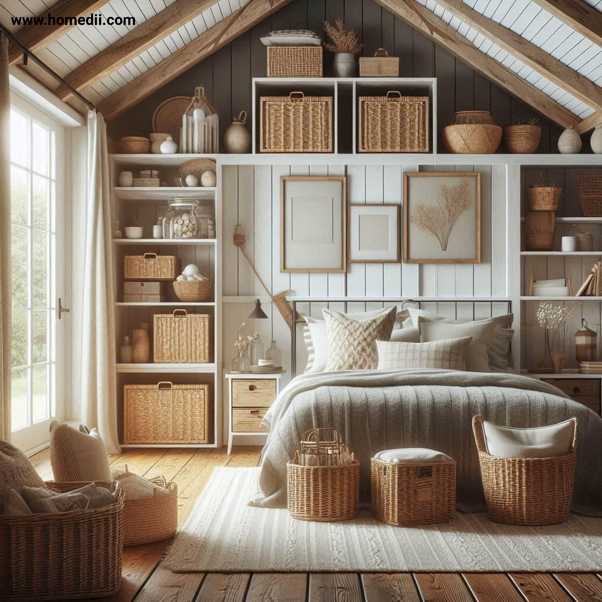 Farmhouse Bedroom Tips - Incorporate Functional Storage Solutions with Woven Baskets, Wooden Crates, Built-In Shelving!