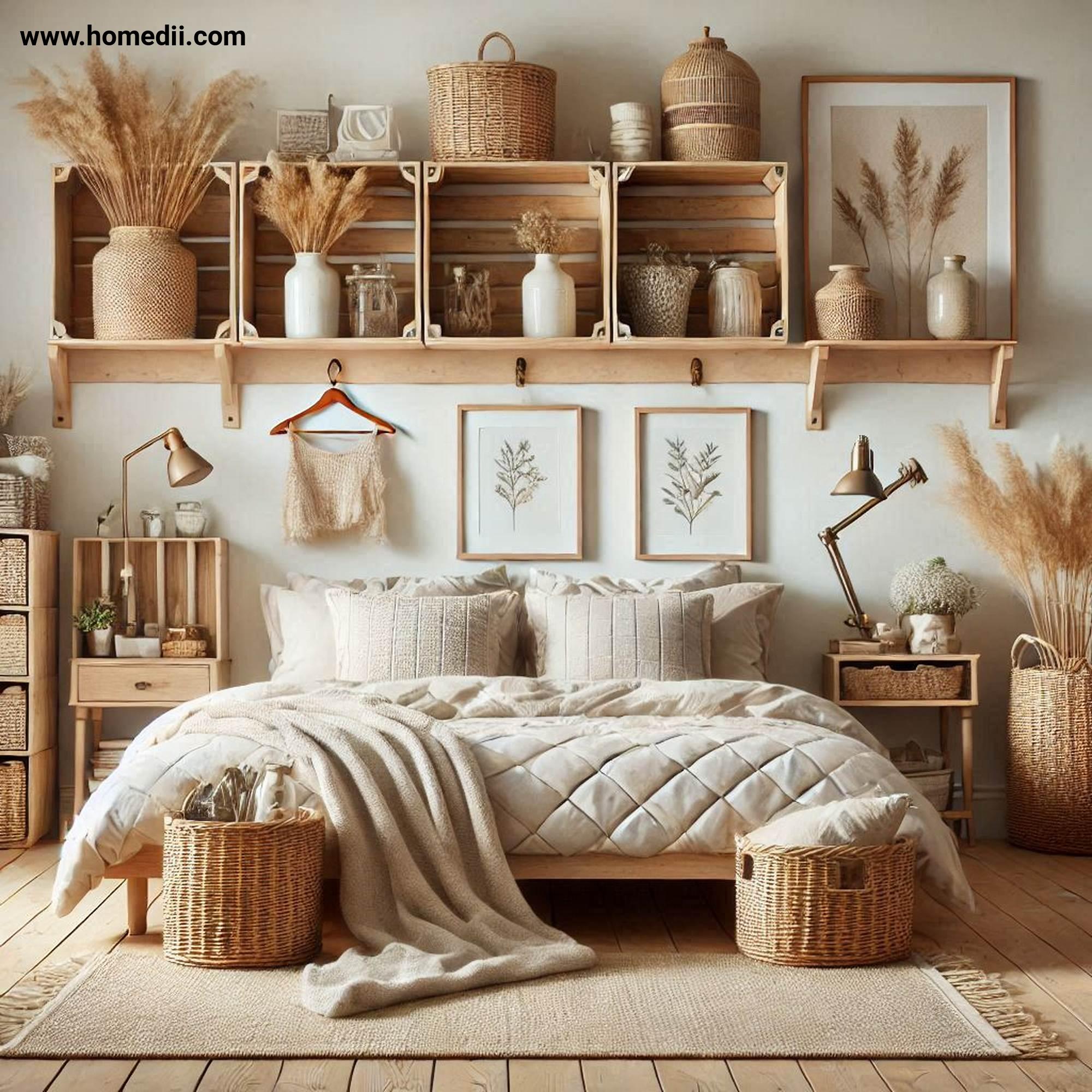 Farmhouse Bedroom Tips - Incorporate Functional Storage Solutions with Woven Baskets, Wooden Crates, Built-In Shelving!