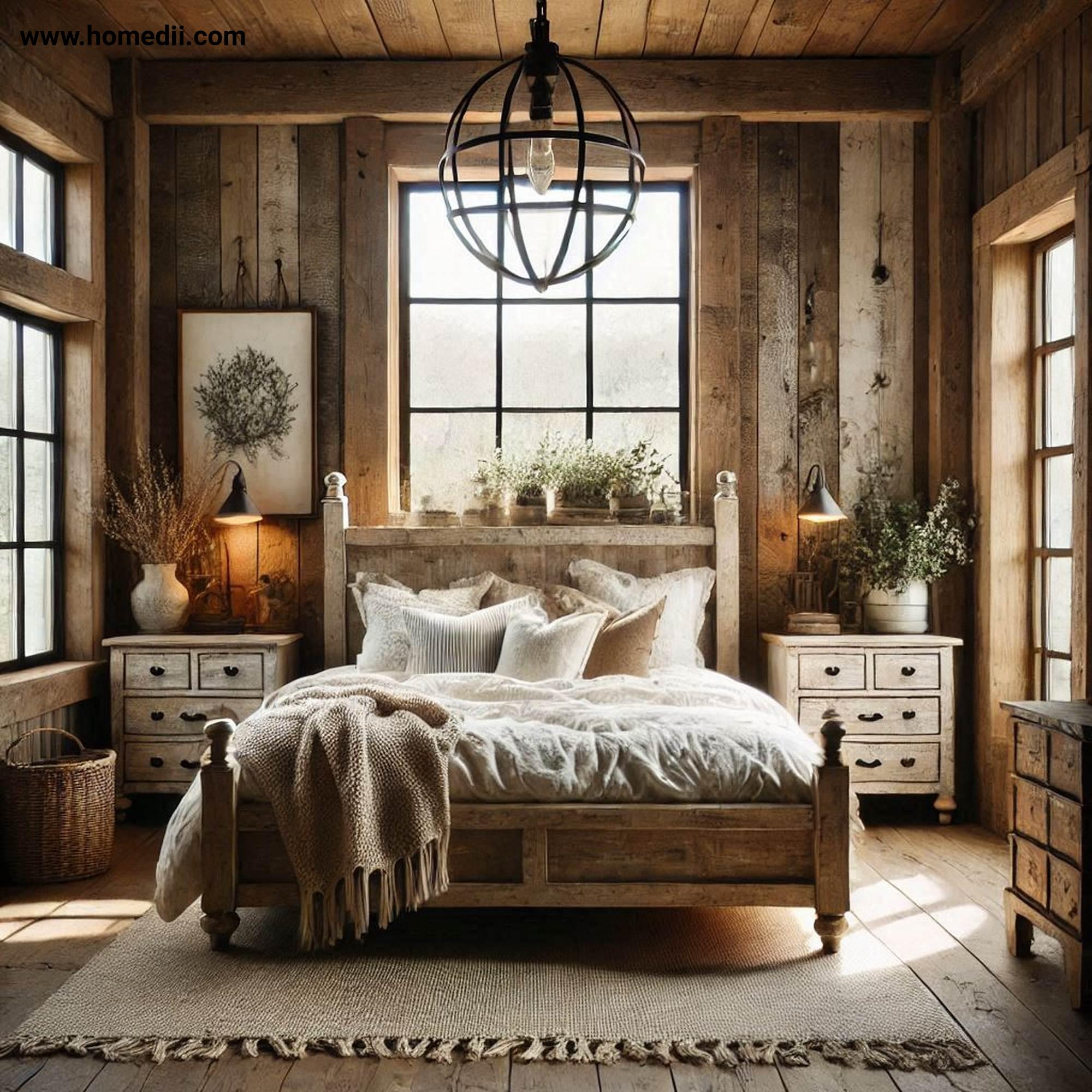 Farmhouse Bedroom Tips - Incorporate Reclaimed Wood Furniture with Reclaimed Wood, Wooden Bed Frame, Weathered Nightstands!