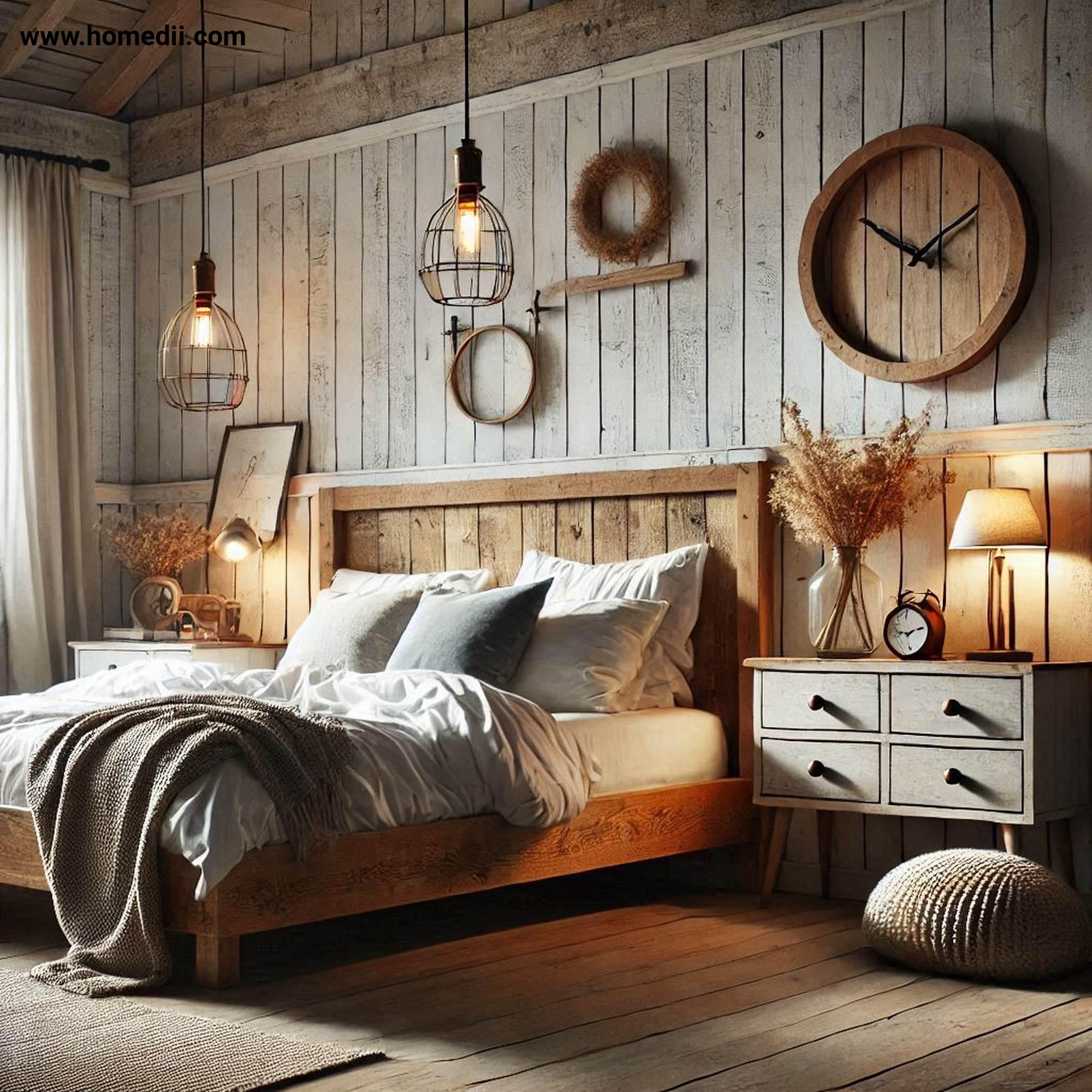 Farmhouse Bedroom Tips - Incorporate Reclaimed Wood Furniture with Reclaimed Wood, Wooden Bed Frame, Weathered Nightstands!