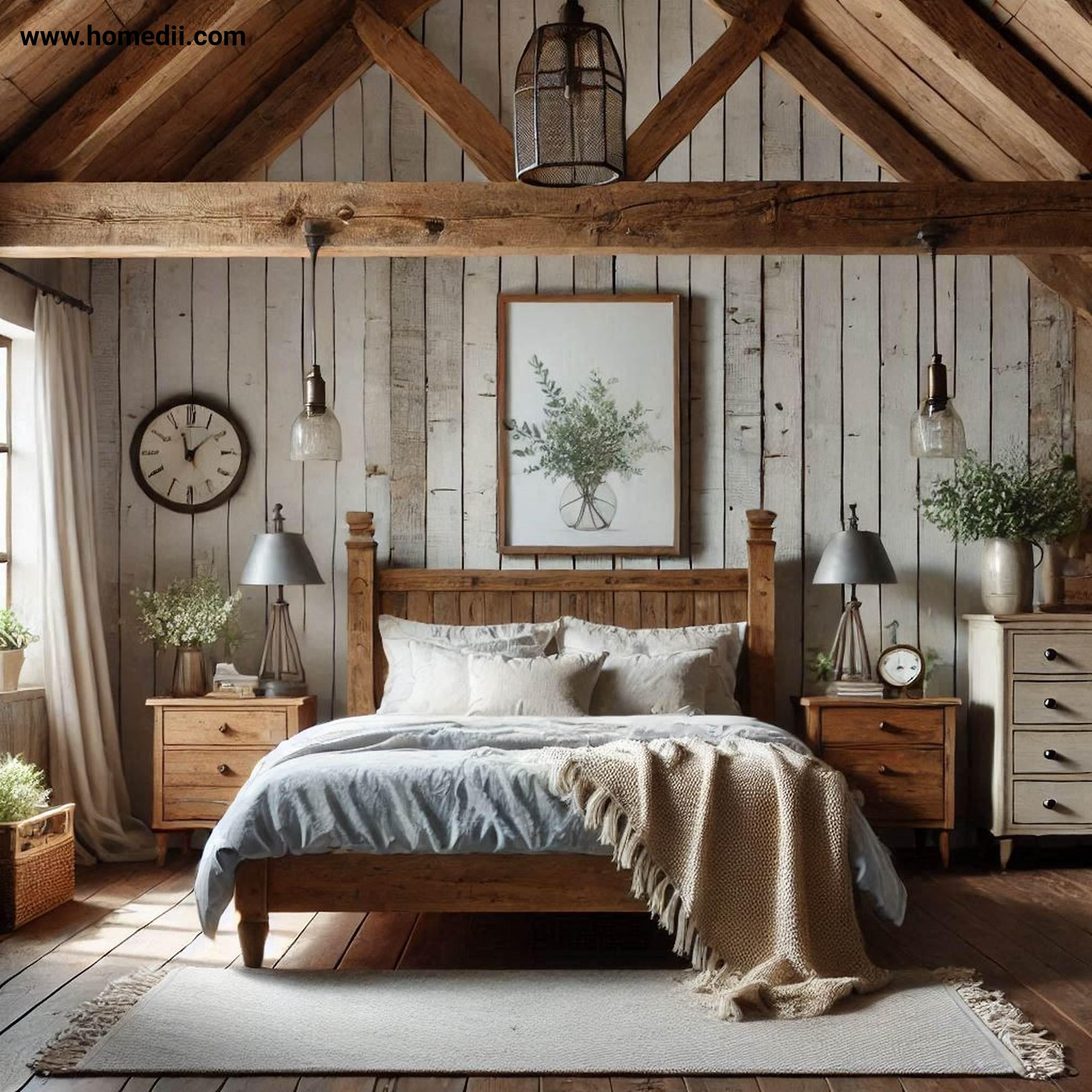 Farmhouse Bedroom Tips - Incorporate Reclaimed Wood Furniture with Reclaimed Wood, Wooden Bed Frame, Weathered Nightstands!