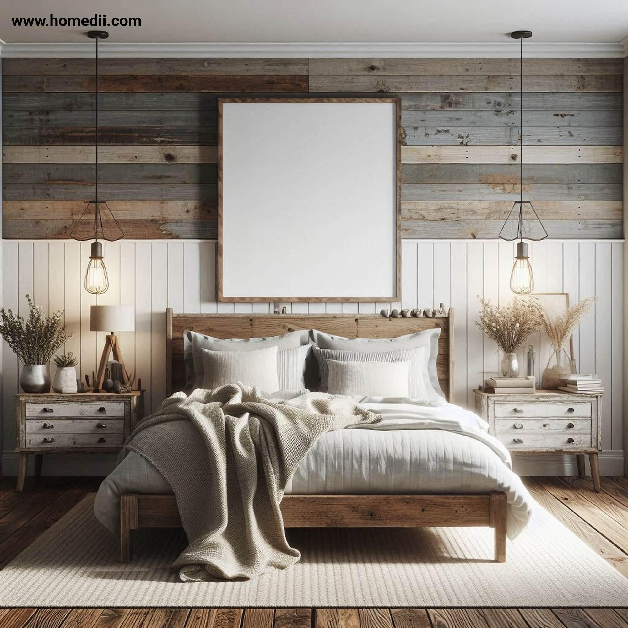 Farmhouse Bedroom Tips - Incorporate Reclaimed Wood Furniture with Reclaimed Wood, Wooden Bed Frame, Weathered Nightstands!