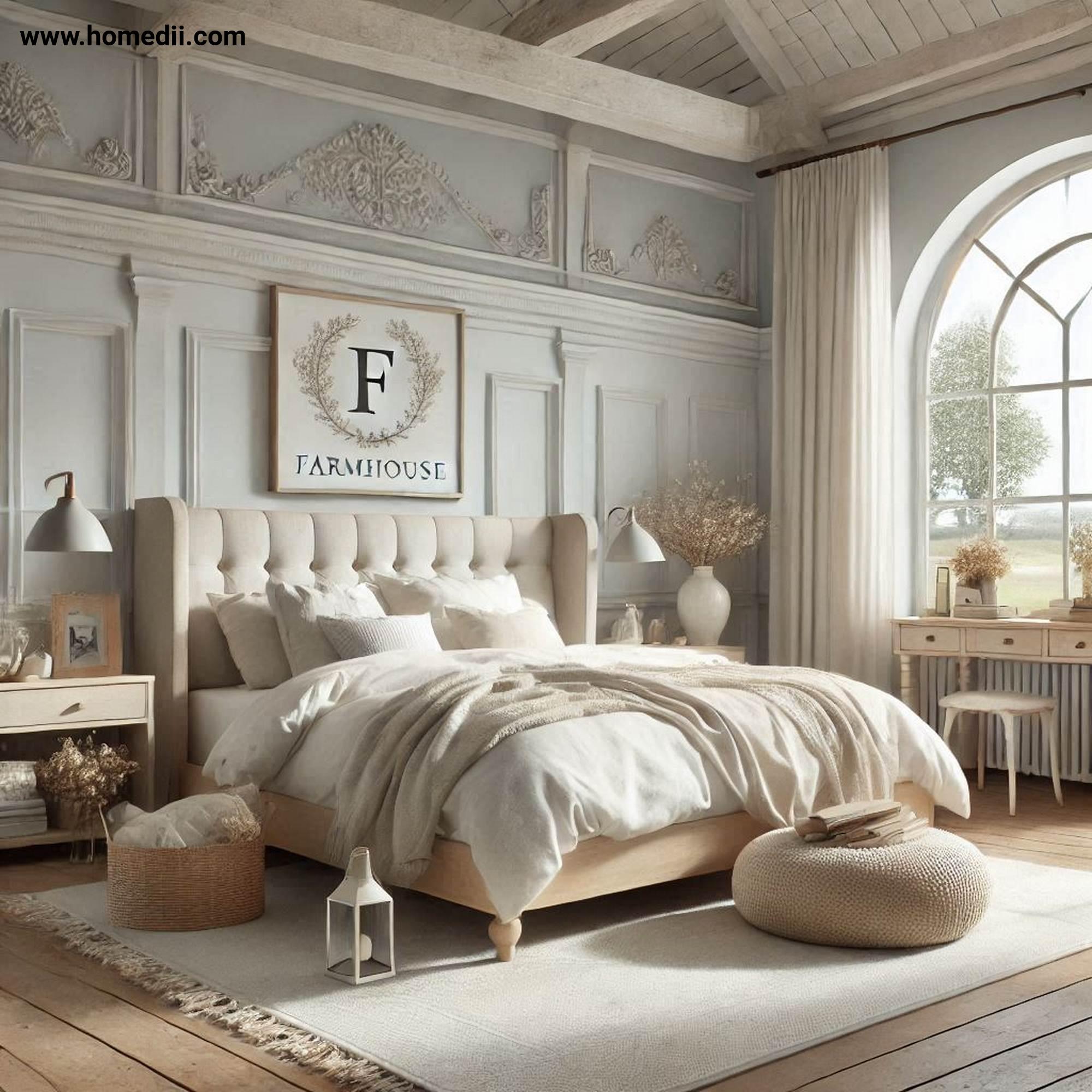 Farmhouse Bedroom Tips - Start With A Neutral Color Palette with White, Beige, Soft Grays, Muted Pastels!