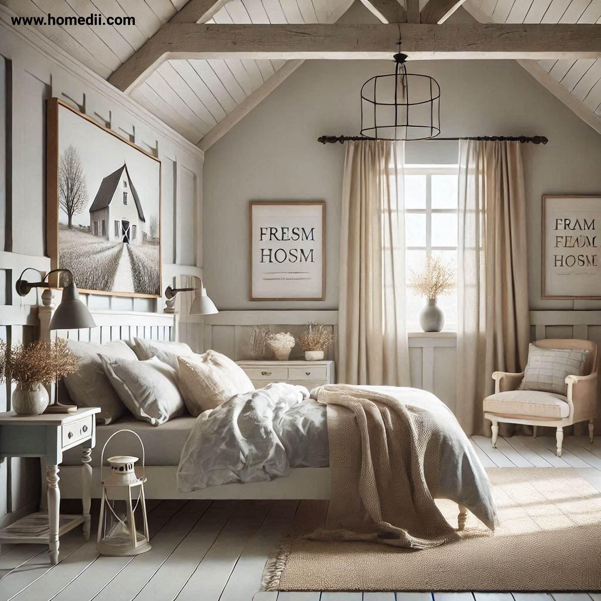 Farmhouse Bedroom Tips - Start With A Neutral Color Palette with White, Beige, Soft Grays, Muted Pastels!