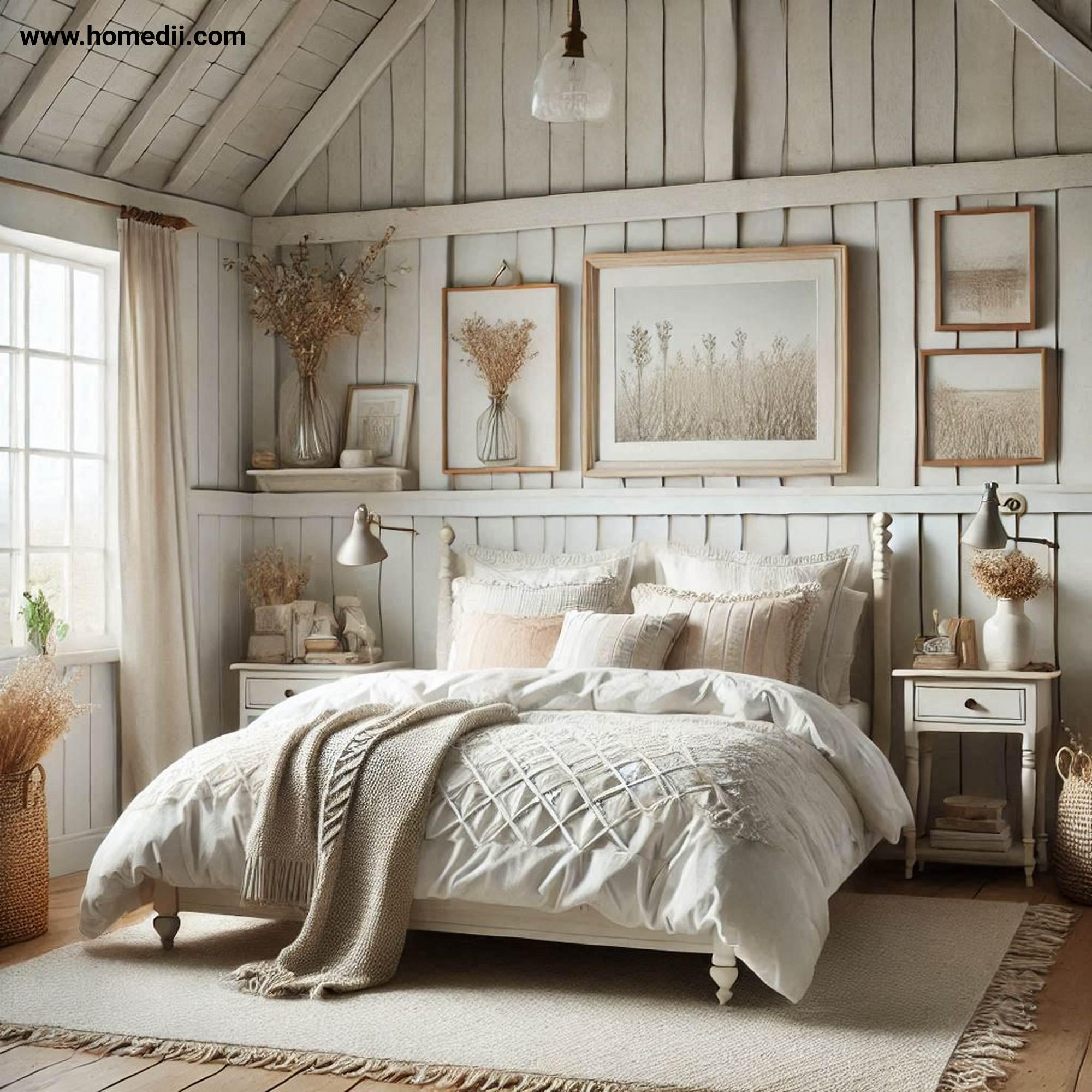 Farmhouse Bedroom Tips - Start With A Neutral Color Palette with White, Beige, Soft Grays, Muted Pastels!