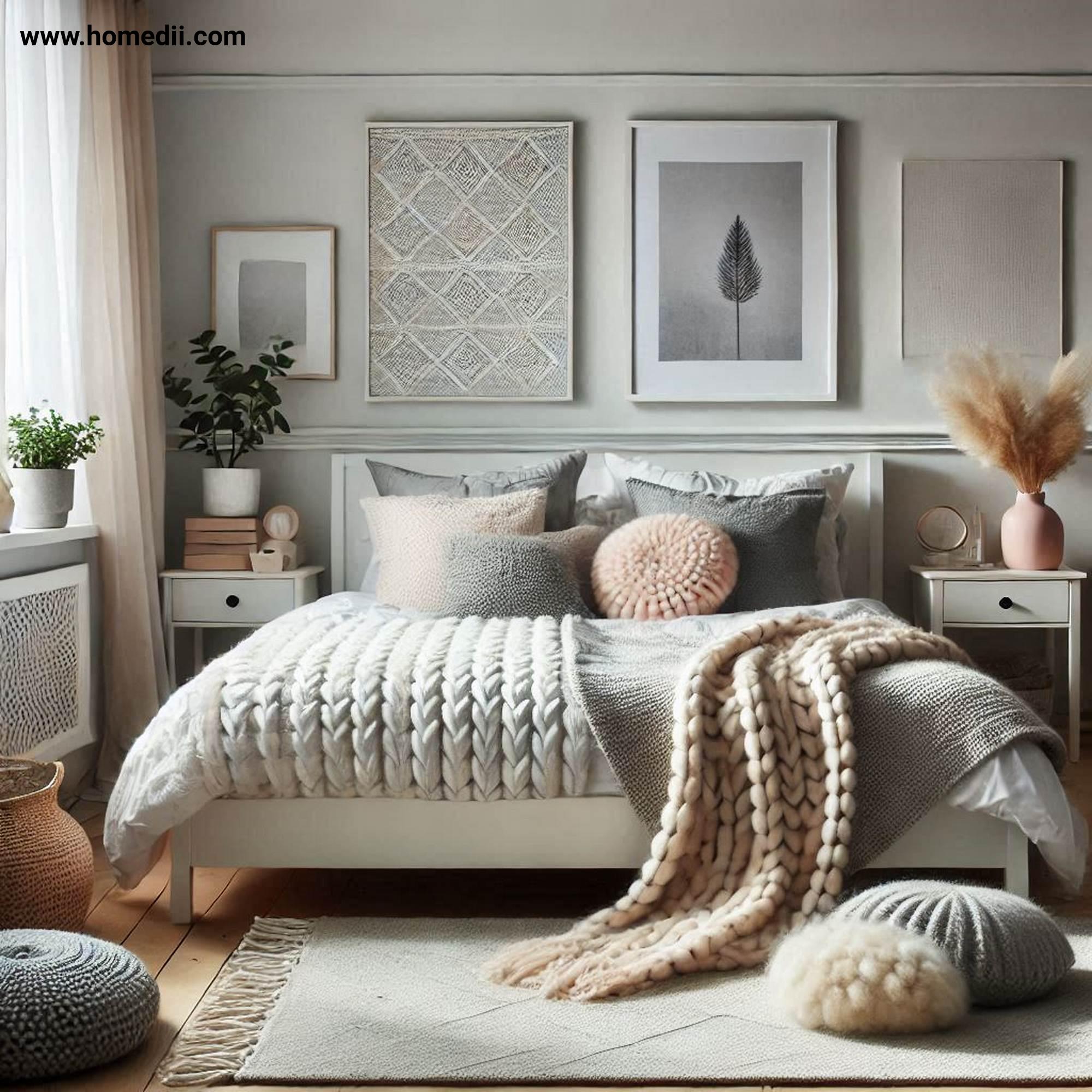 Scandinavian Bedroom - Add Cozy Textiles with Knitted Throws, Plush Cushions, Soft Rugs!