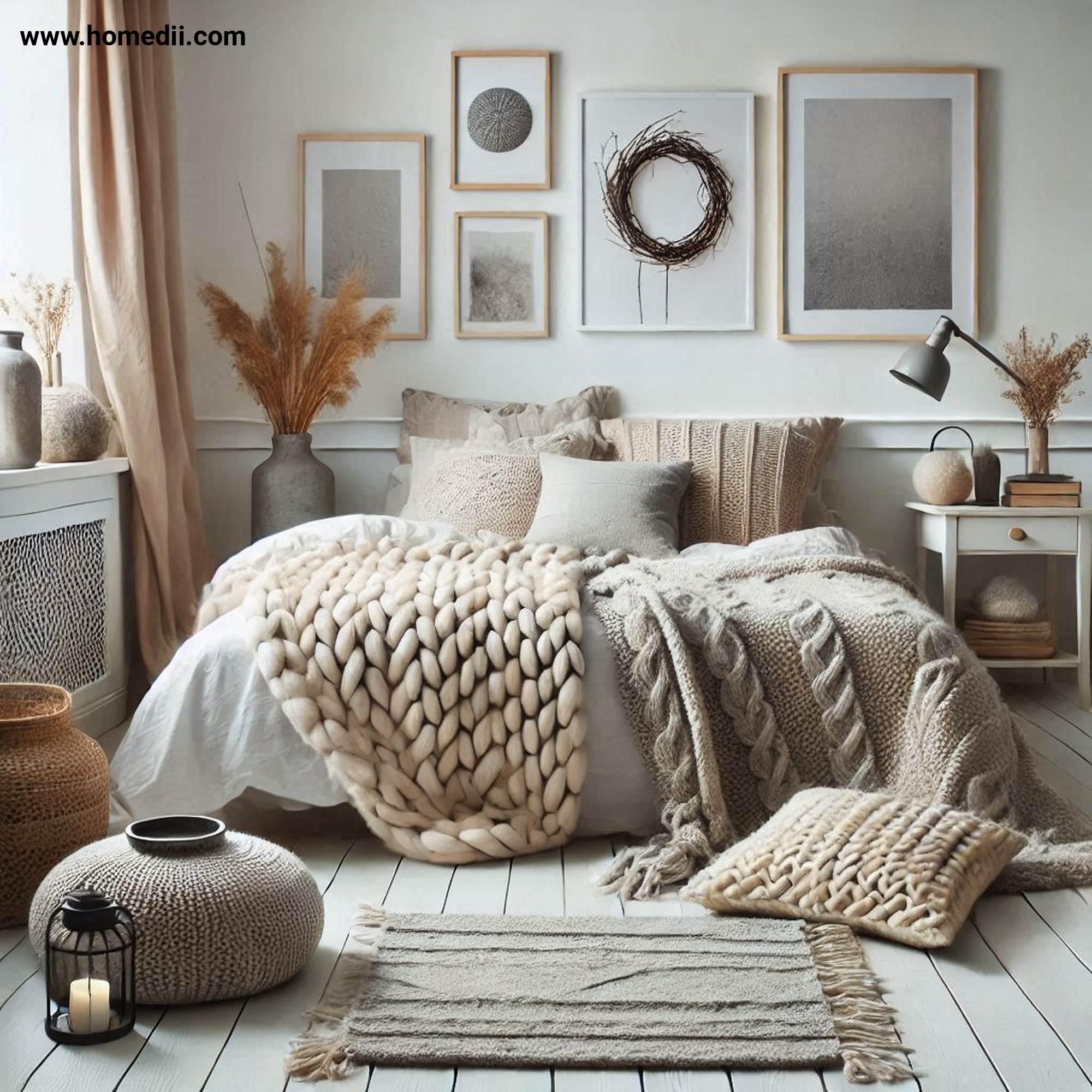 Scandinavian Bedroom - Add Cozy Textiles with Knitted Throws, Plush Cushions, Soft Rugs!