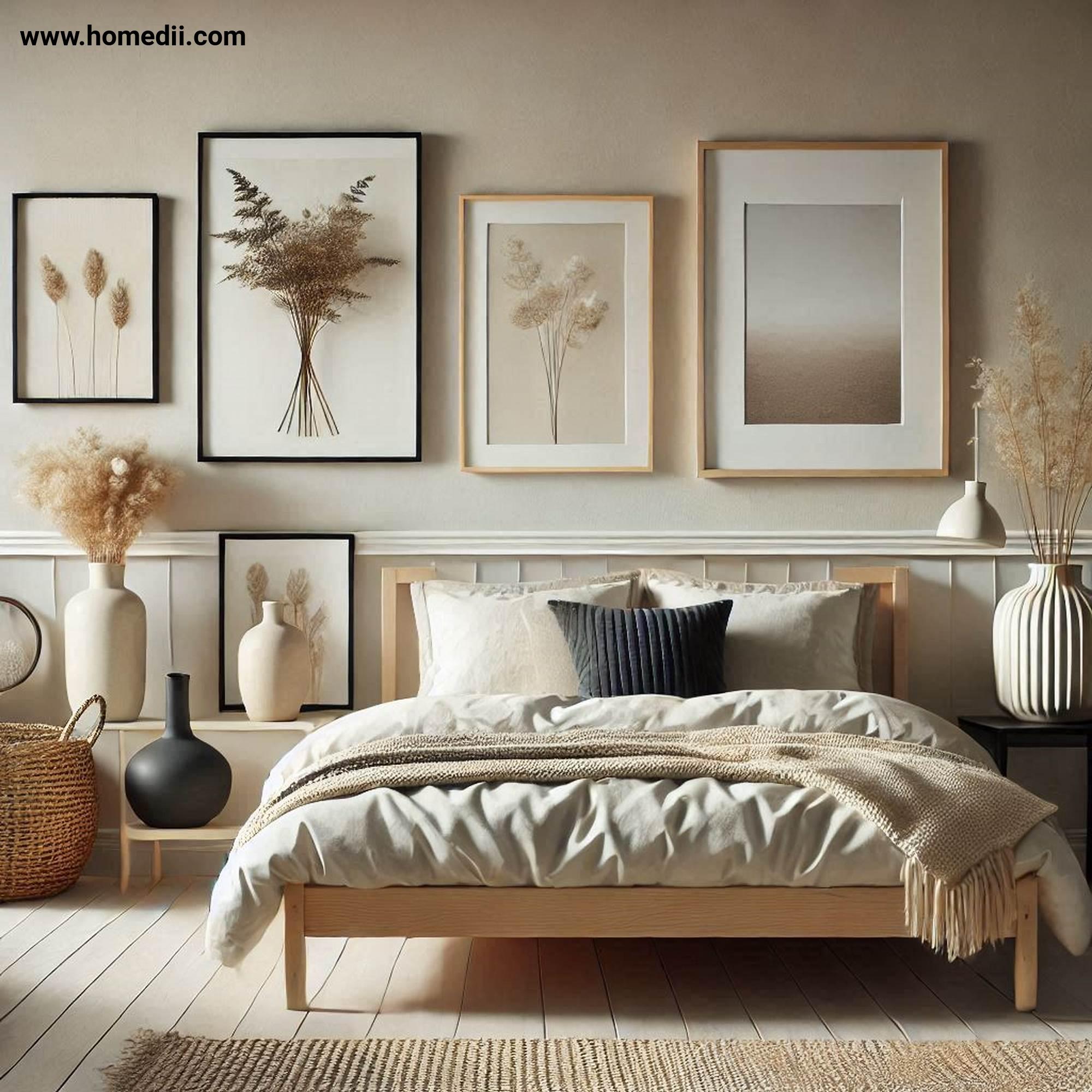 Scandinavian Bedroom - Add Subtle Decorative Touches with Framed Art, Ceramic Vases, Woven Baskets!