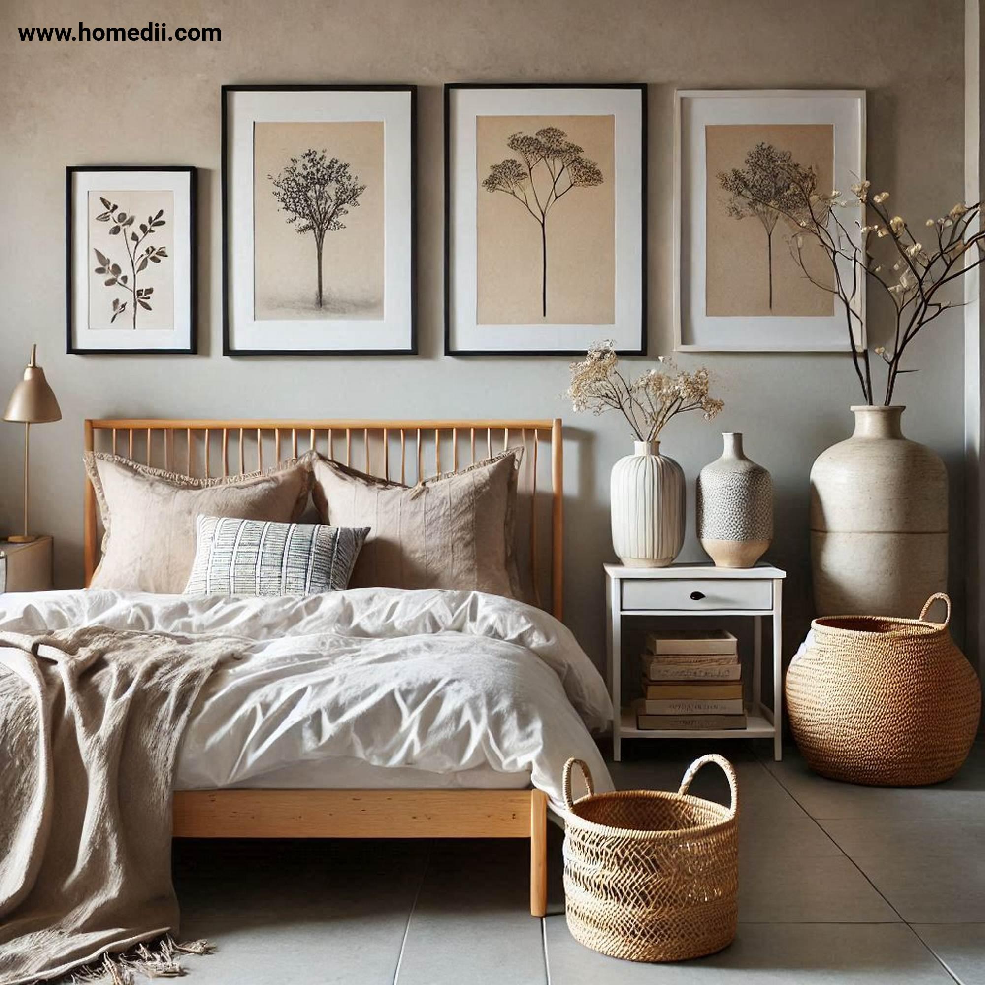 Scandinavian Bedroom - Add Subtle Decorative Touches with Framed Art, Ceramic Vases, Woven Baskets!