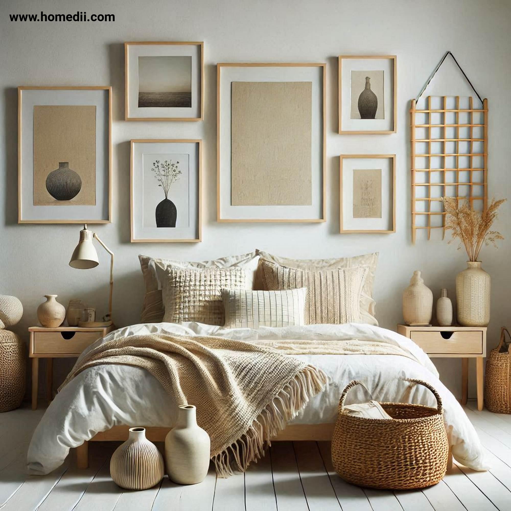 Scandinavian Bedroom - Add Subtle Decorative Touches with Framed Art, Ceramic Vases, Woven Baskets!