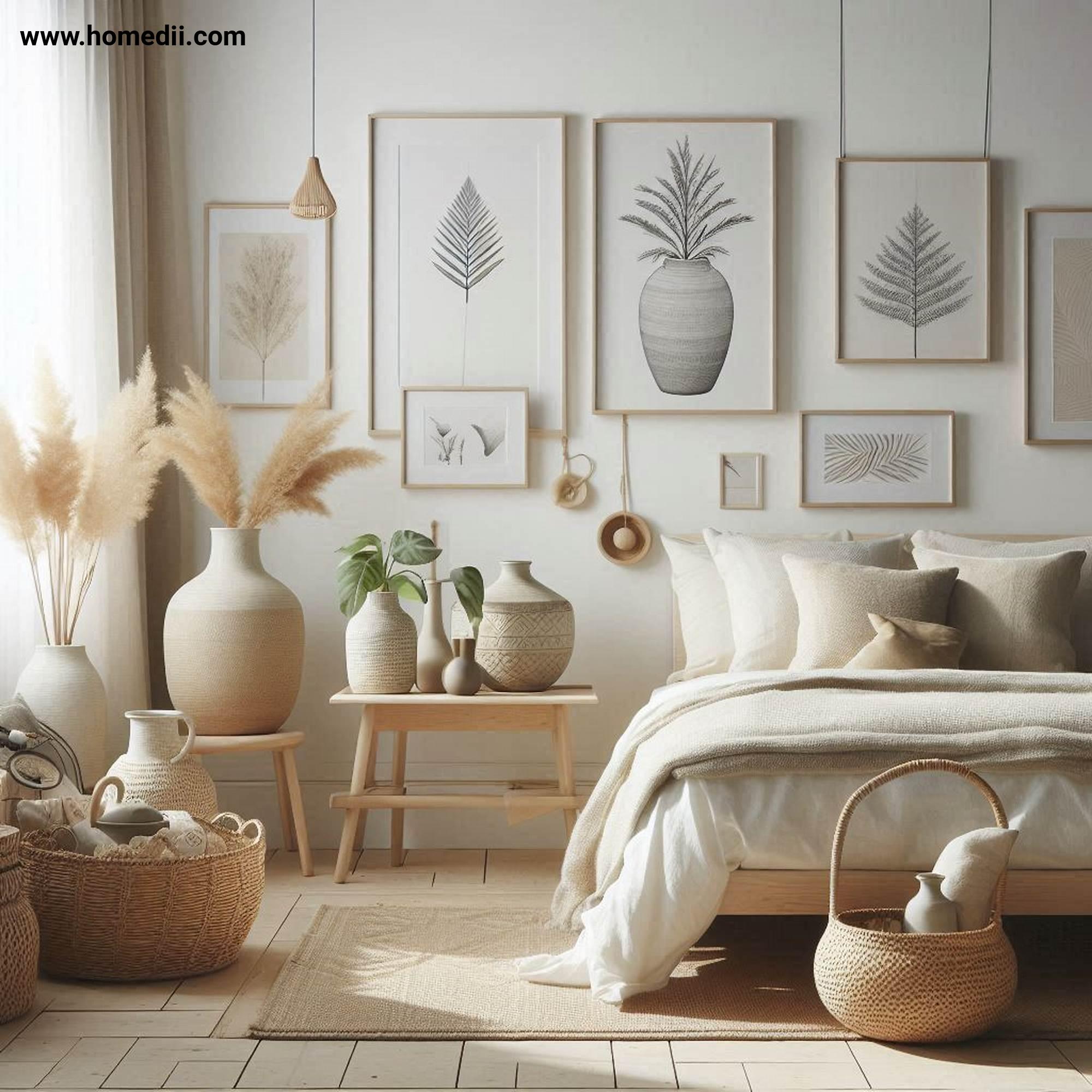 Scandinavian Bedroom - Add Subtle Decorative Touches with Framed Art, Ceramic Vases, Woven Baskets!