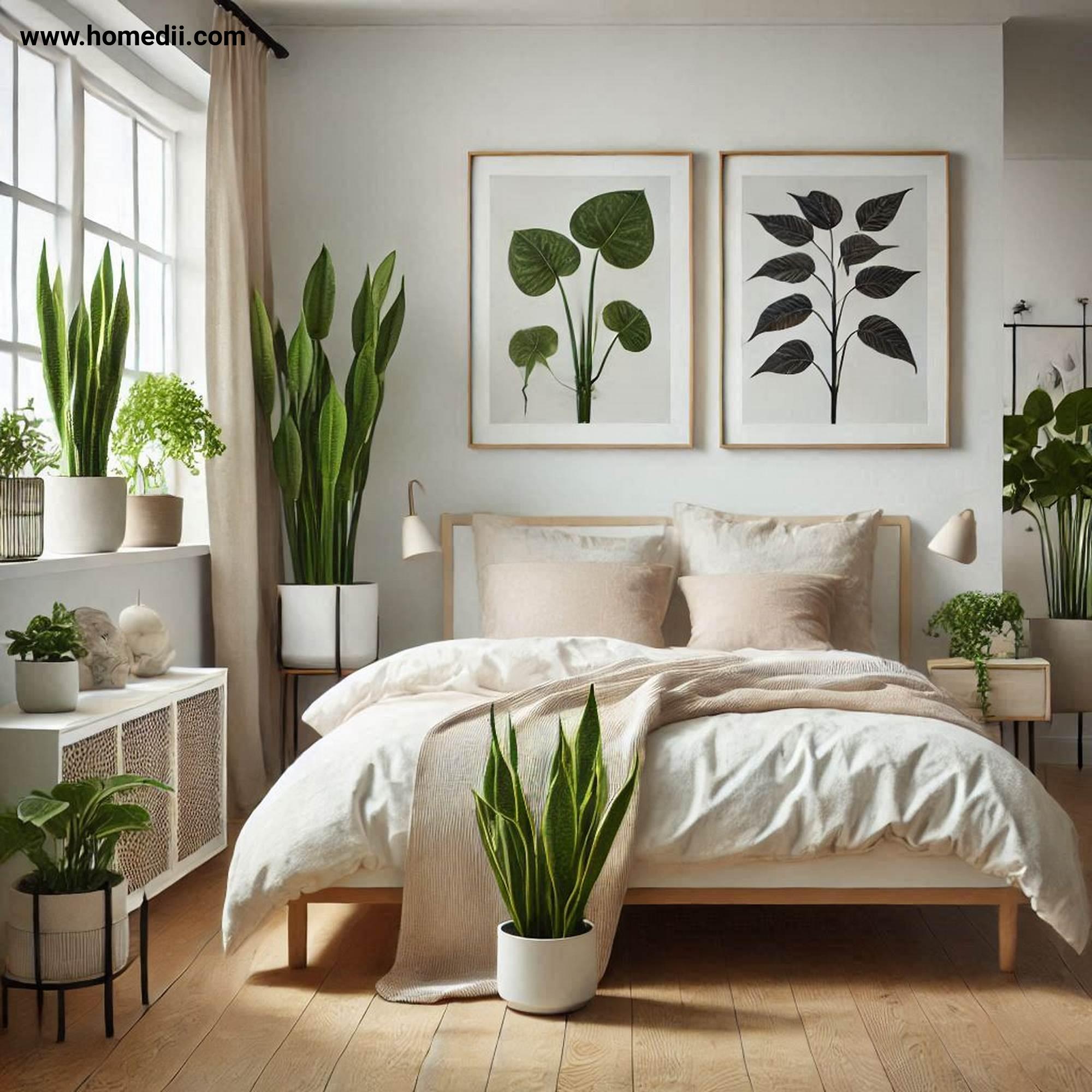 Scandinavian Bedroom - Incorporate Plants And Greenery with Snake Plants, Pothos, Peace Lilies!