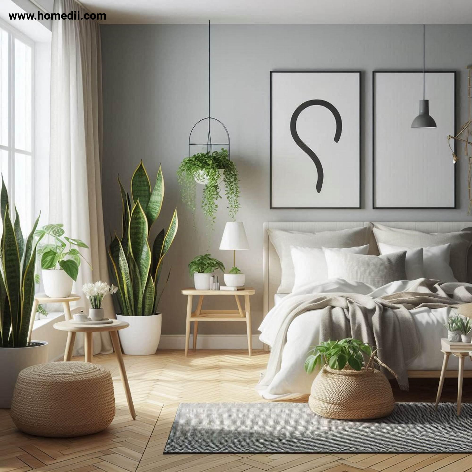 Scandinavian Bedroom - Incorporate Plants And Greenery with Snake Plants, Pothos, Peace Lilies!