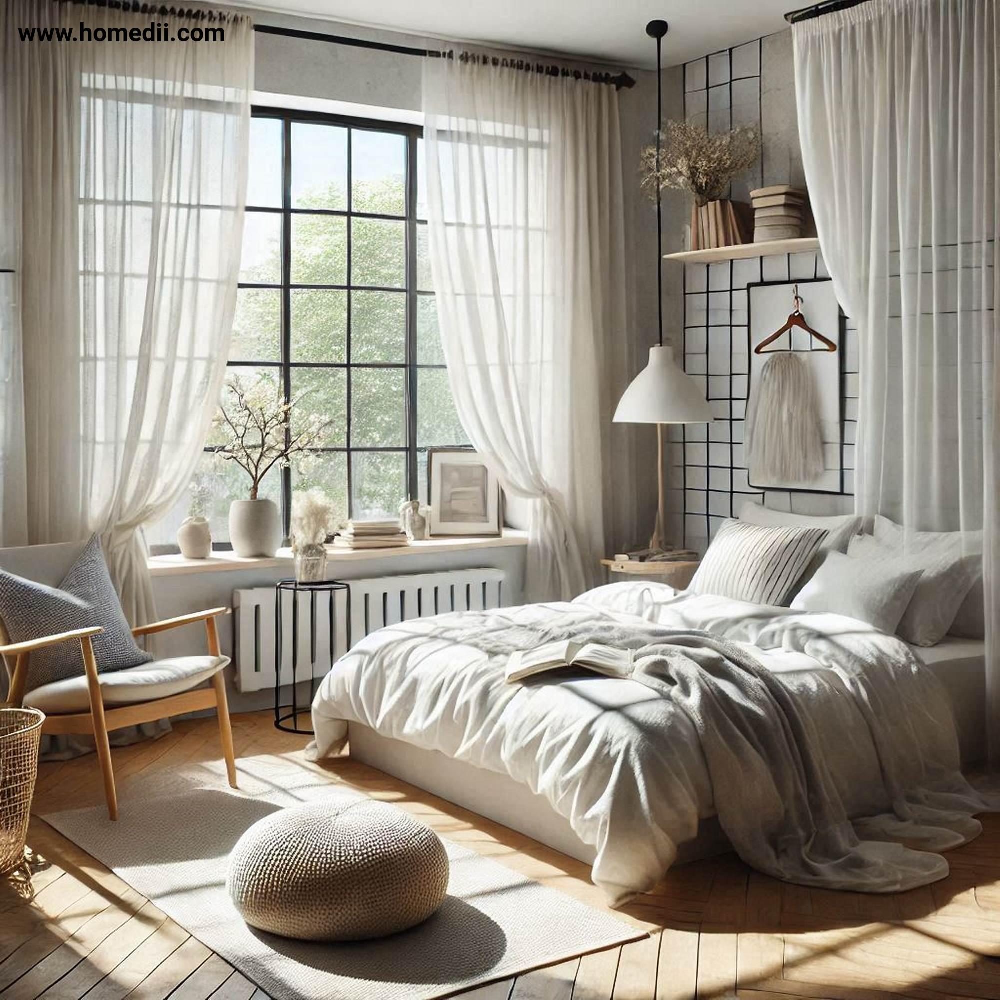 Scandinavian Bedroom - Maximize Natural Light with Sheer Curtains, Minimal Window Treatments, Natural Light!