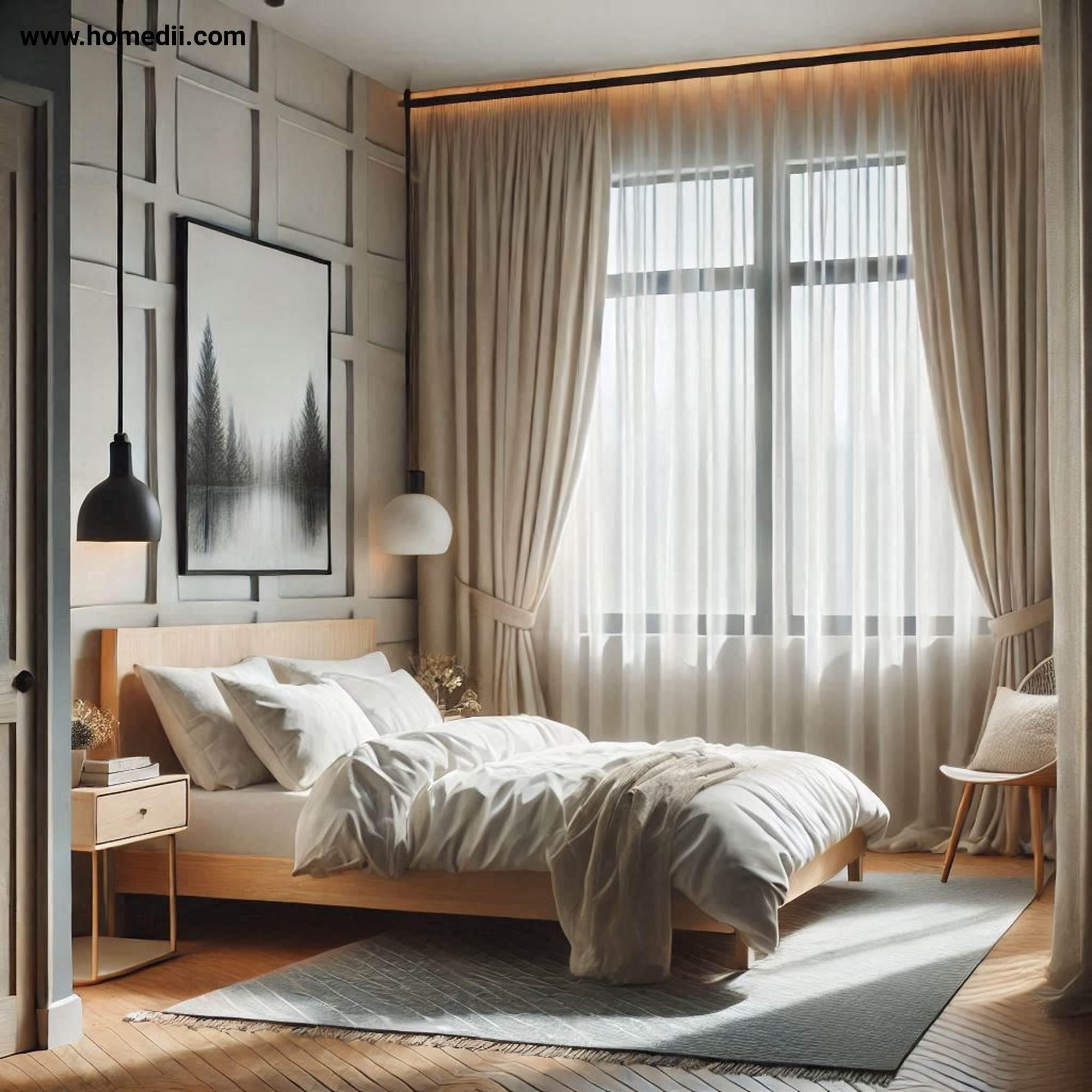 Scandinavian Bedroom - Maximize Natural Light with Sheer Curtains, Minimal Window Treatments, Natural Light!