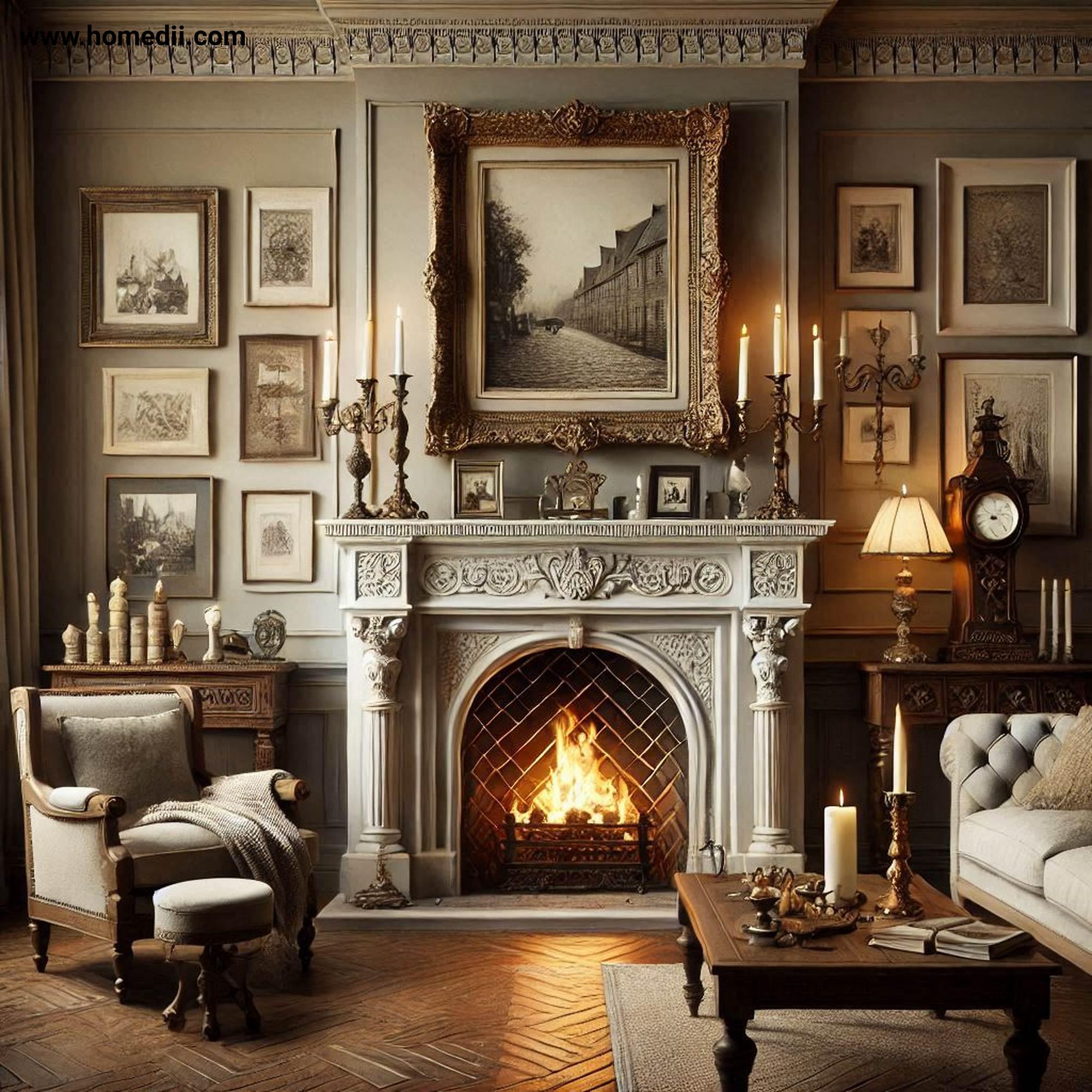 Traditional Living Room - Add A Fireplace Focal Point with Fireplace, Ornate Mantel, Candlesticks, Framed Photos!